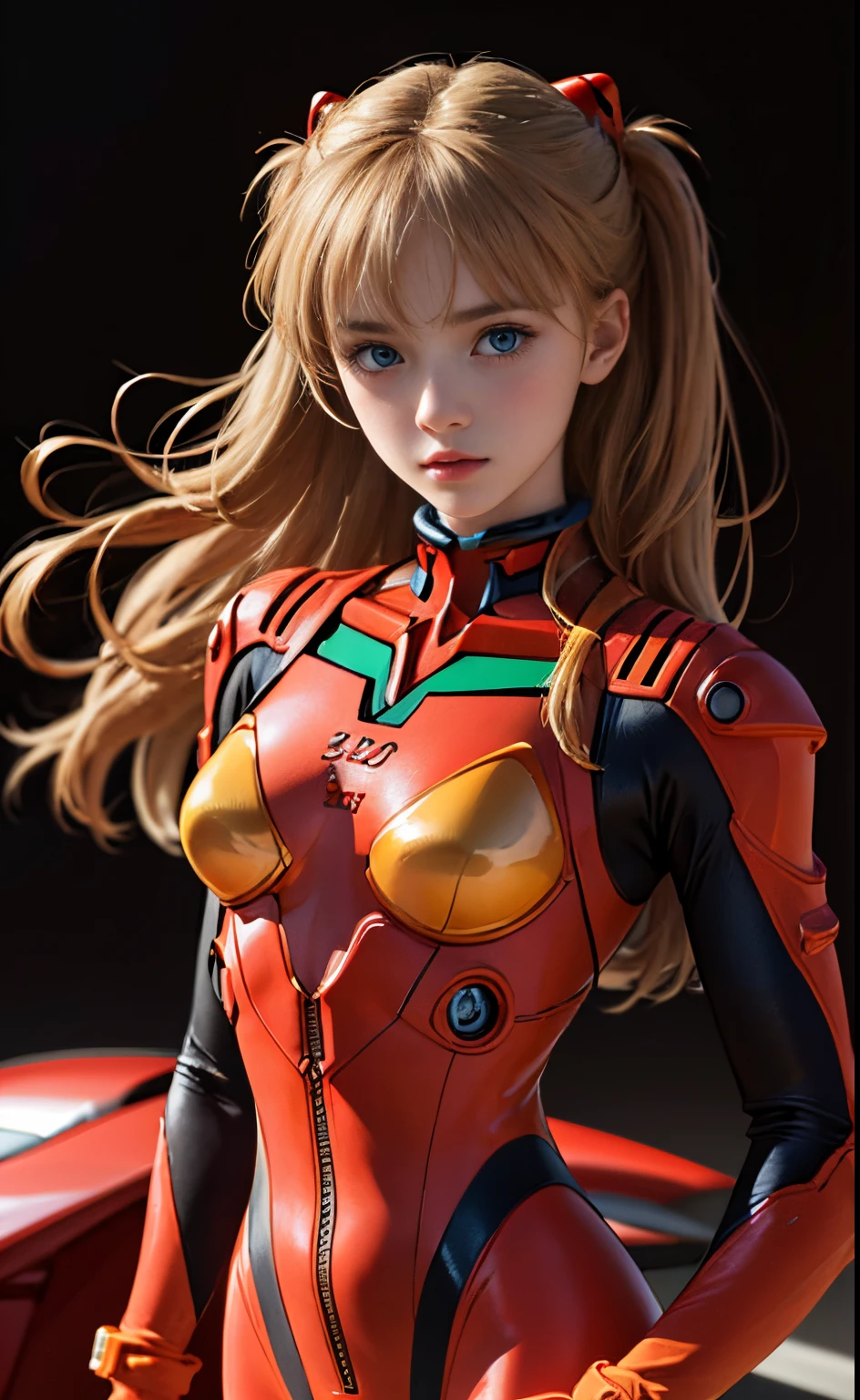 (Masterpiece: 1.4, highest quality), (intricate details), Unity8k wallpaper, super detailed, beautiful and mysterious, detailed background, realistic, solo, perfect detail face, detailed blue eyes, very detailed, blush, hair ornament, chignon mahogany hair, (blonde hair), plug suit 02,Shikinami Asuka Langley, Evangelion, slender -yeld gi full body suit, black background, Above the waist