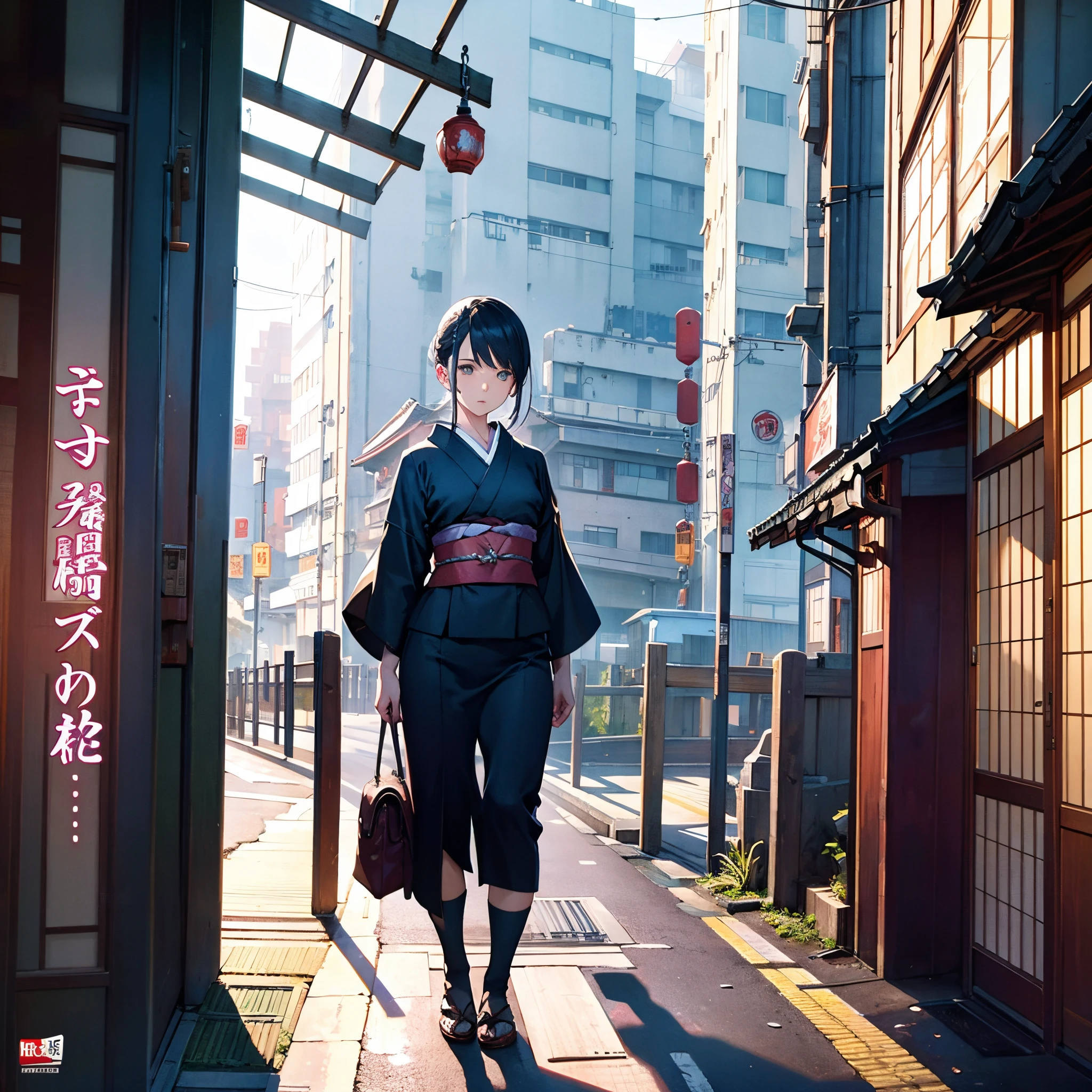 garota de frente, roupa de couro estilo cyberpunk, movimento, Japan Buildings
