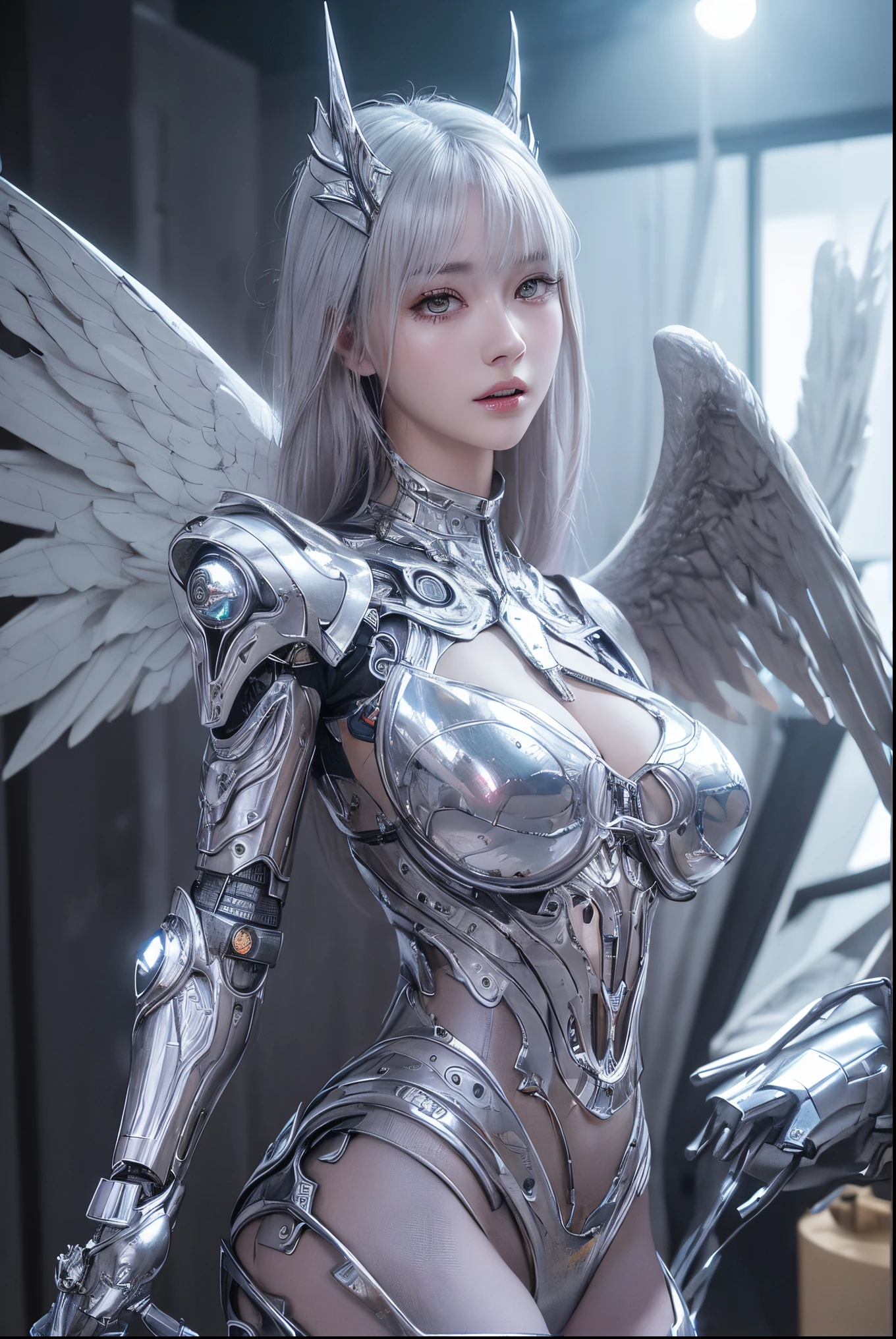 top-quality、​masterpiece、超A high resolution、(Photorealsitic:1.4)、Raw photo、Cyborg Angel、large wings made of metal、White porcelain body、white  hair、glowy skin、1 Cyborg Girl、((super realistic details))、portlate、globalillumination、Shadow、octan render、8K、ultrasharp、character edge light,Colossal tits、Raw skin is exposed in cleavage、Details of complex ornaments、Sumerian detailed hydraulic cylinders、Small LED lamp、highly intricate detail、Realistic light、a purple eye、radiant eyes、Facing the camera、neon details、cowboy  shot、Futuristic headgear、About Cyberpunk、、