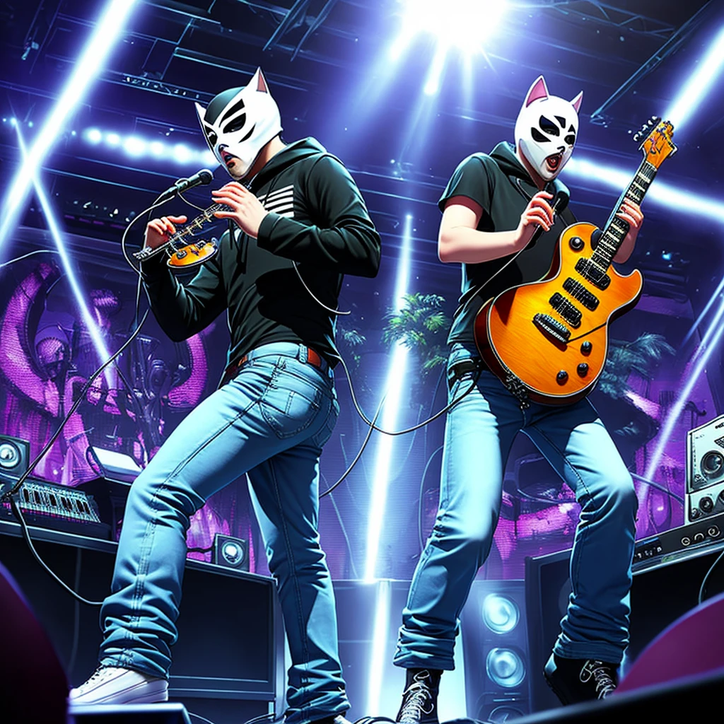 Two white masked synthesizer musicians wearing comically oversized denim pants