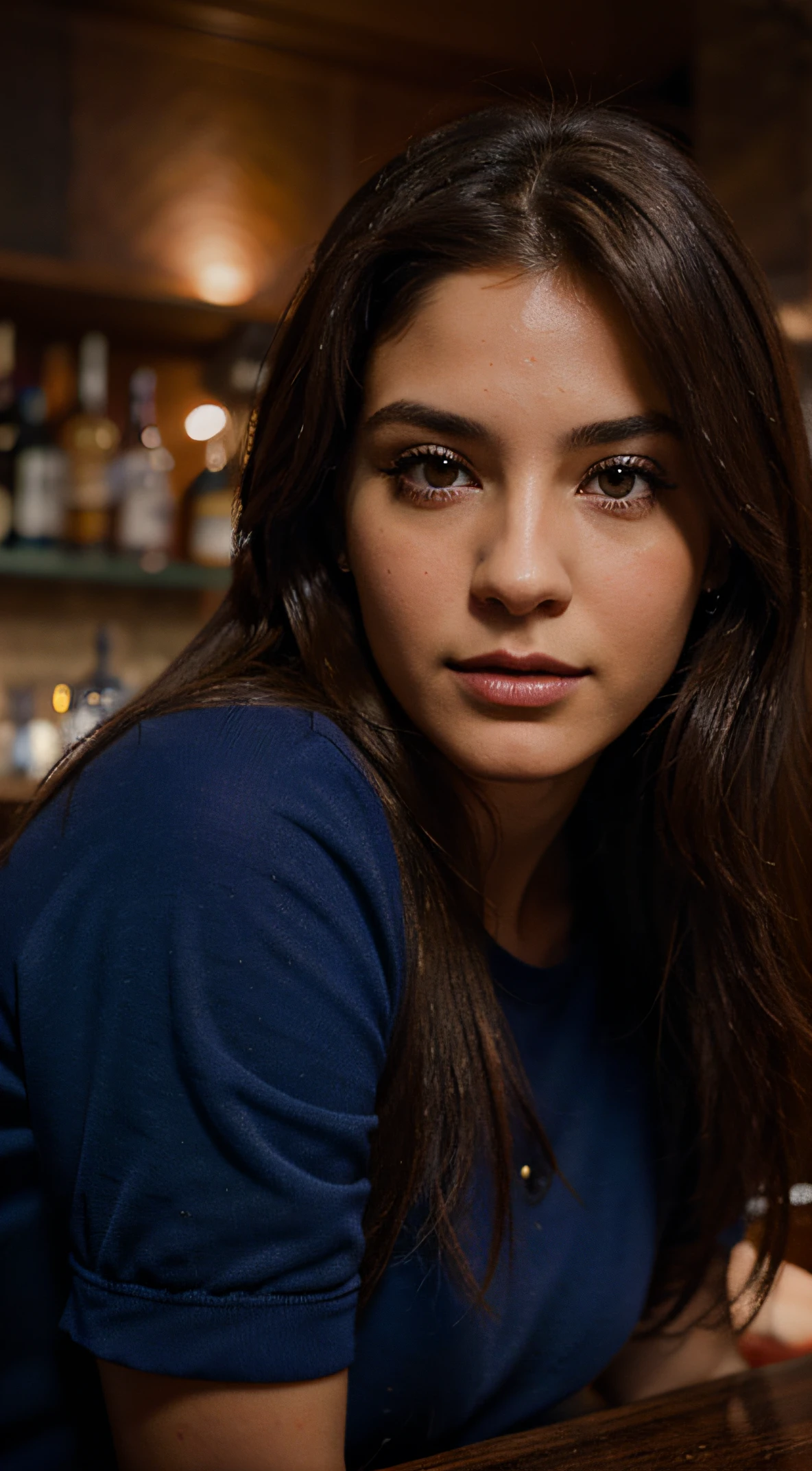 RETRATO DE MUJER HERMOSA, CABELLO ROSA Y OJOS AZULES, SUPER REALISTA, EN UN BAR DE NOCHE, FOTOGRAFIA REAL