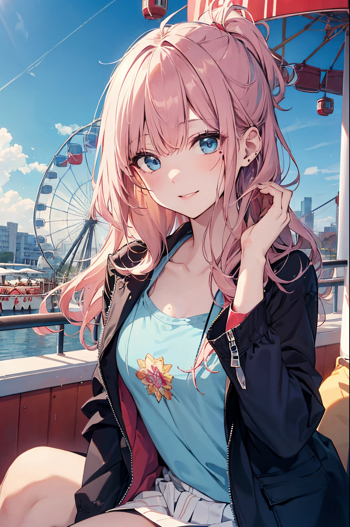 (Girl with a nasty appearance:1.3)、(Daytime:1.5)、(and chest:1.4)、Raw photography, top-quality, hight resolution, (masterpiece), (Photorealsitic:1.4), (Mole under the eyes),Anime Cosplay, foco nítido, nffsw, 8K分辨率, intricate detailes, depth of fields, the Extremely Detailed CG Unity 8K Wallpapers, front lit, femele,25-years old、 Happy face,(tying hair:1.5)、see -through、(Medium pink hair)、blue eyess,(Inside the Ferris wheel:1.5)、(Light blue shirt on jacket:1.3)、(Full body depiction)、Autumn atmosphere、(Amazing blue sky)、(Visit here:1.5)、(during daytime)、(Superb view)、Sitting inside the Ferris wheel、sitting on、date
