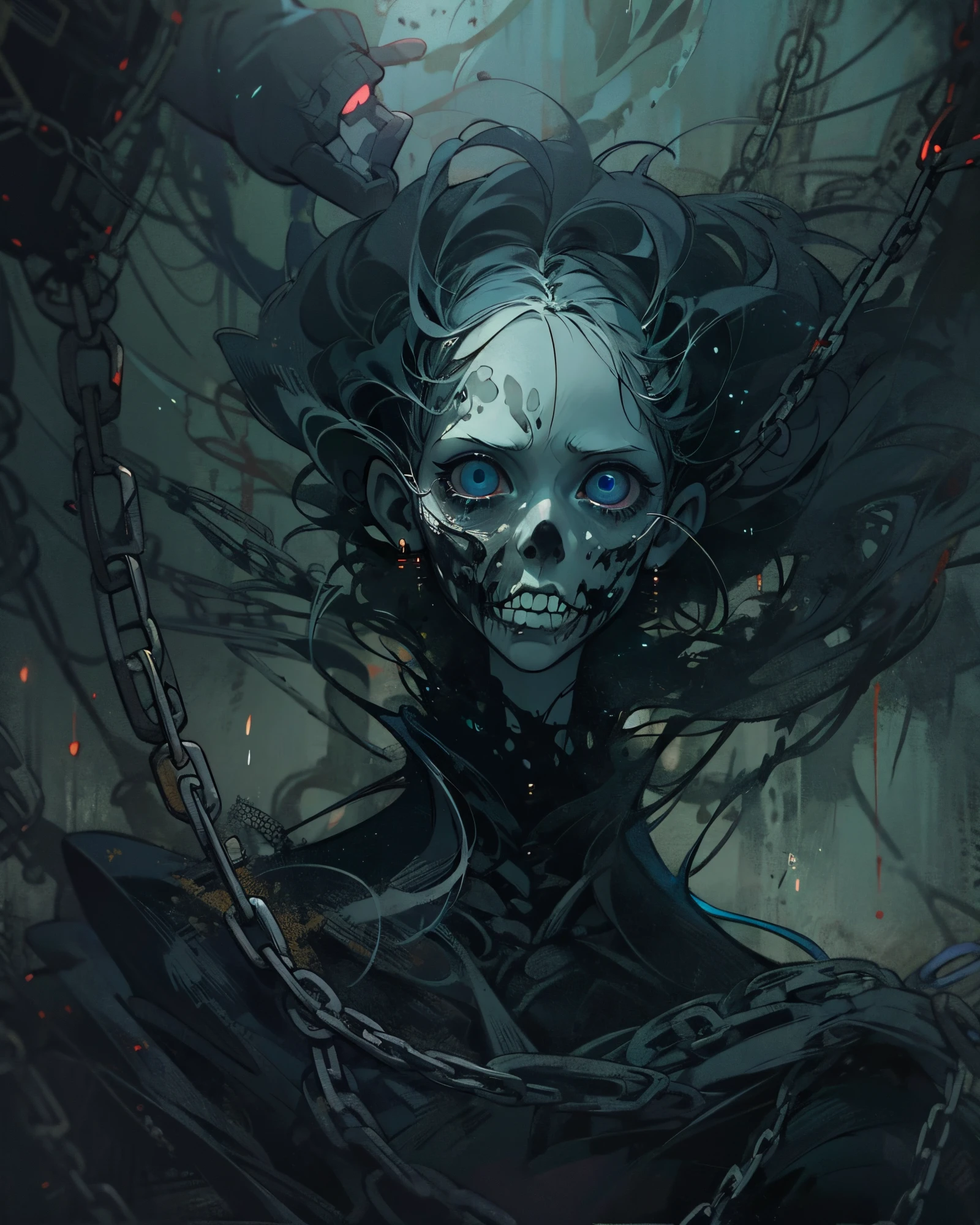 Generate an image of a close up a creature with a spectral and ghostly appearance. Her skin is pale, almost translucent. His eyes shine with a bluish glow, and he wears dark, torn clothes that float around him, as if permeated by an aura of mourning. Its appearance is complemented by details such as chains, symbols of mourning, and gothic elements, further emphasizing its dark air. It is portrayed as a haunted and tormented entity.