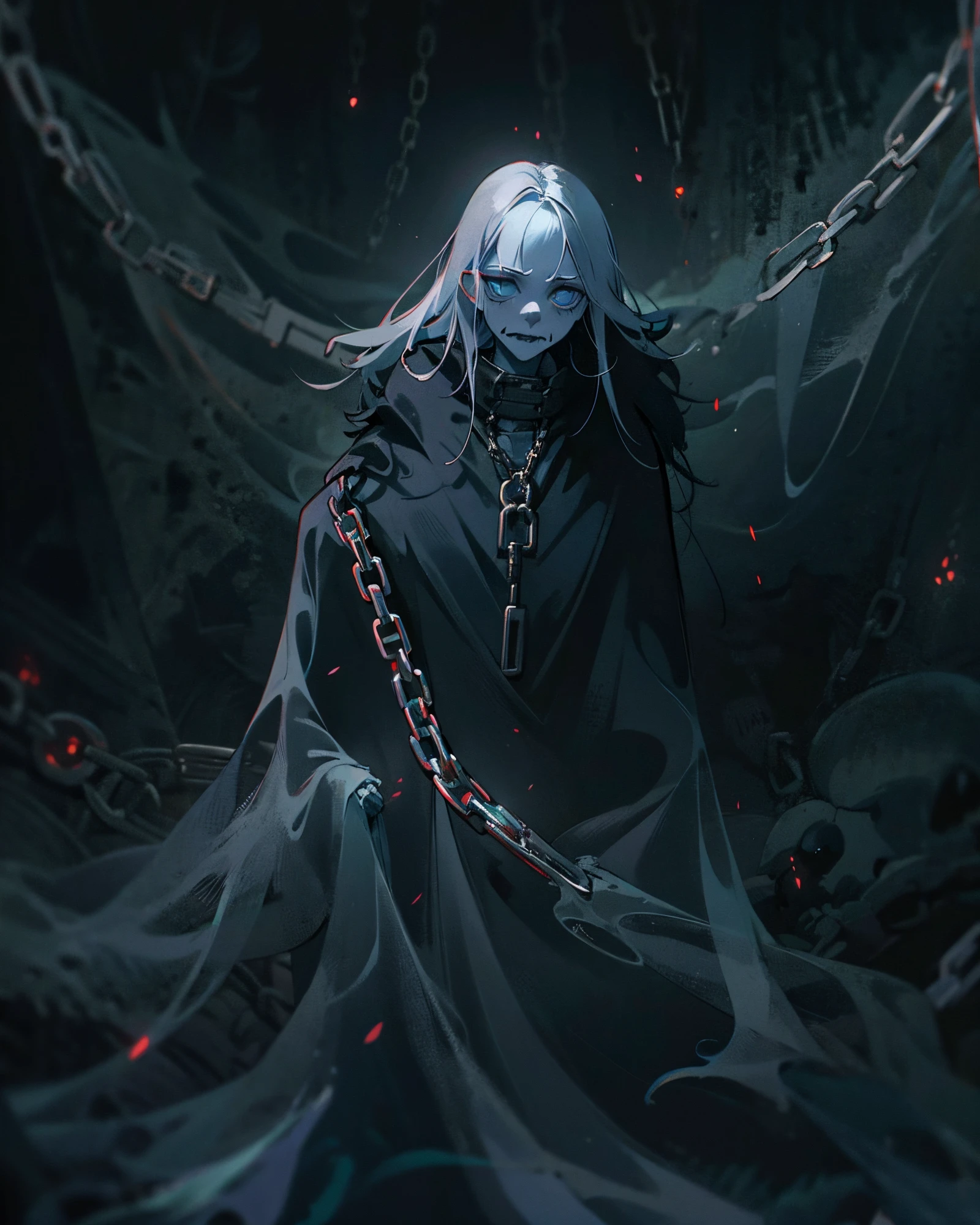 Generate an image of a close up a creature with a spectral and ghostly appearance. Her skin is pale, almost translucent. His eyes shine with a bluish glow, and he wears dark, torn clothes that float around him, as if permeated by an aura of mourning. Its appearance is complemented by details such as chains, symbols of mourning, and gothic elements, further emphasizing its dark air. It is portrayed as a haunted and tormented entity.