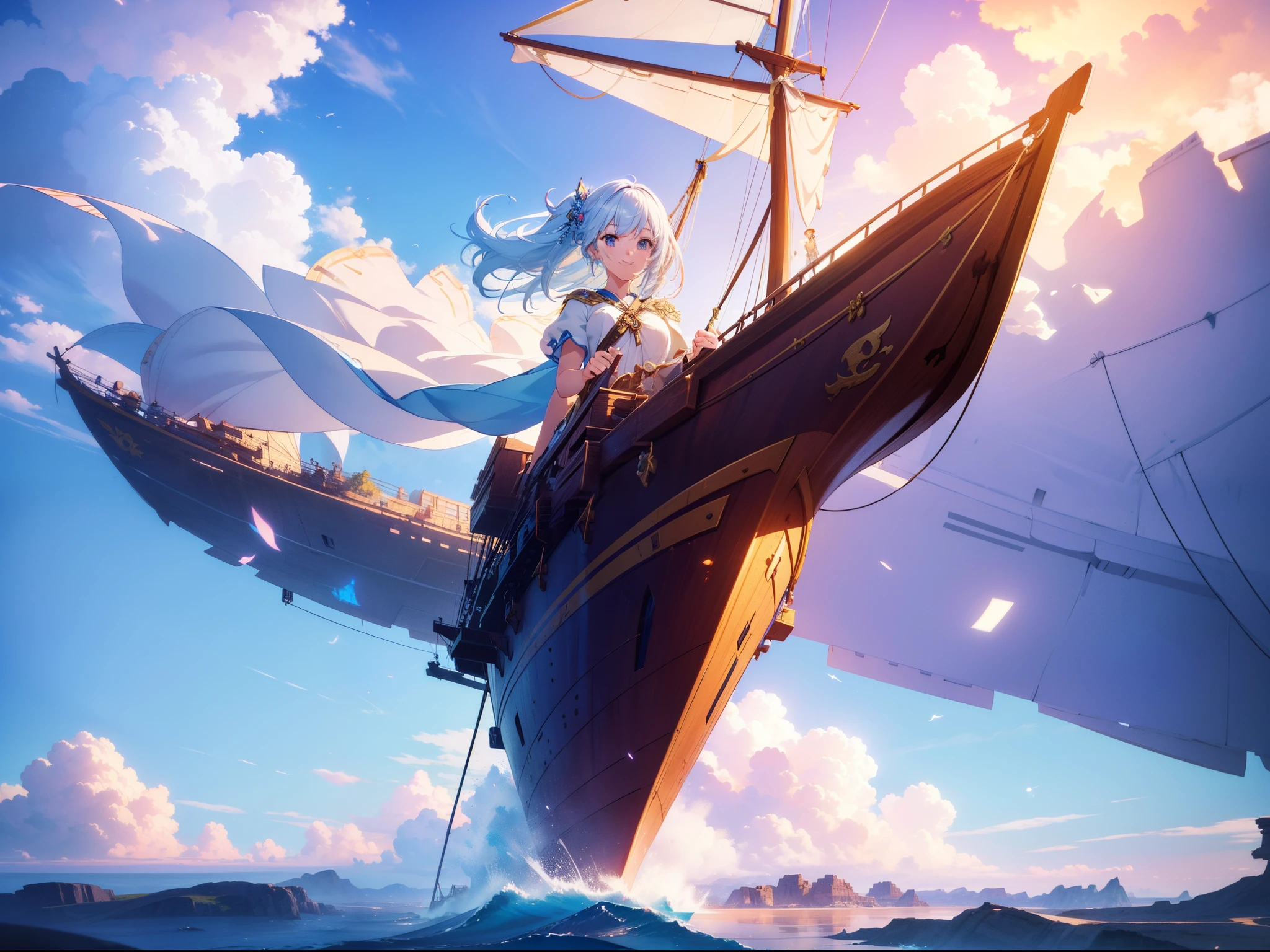 1 cute girl, floating sky , (floating sky sailing ship), concept art, fantasy art, cowboy shot, character focus, smile, cinematic lighting, high resolution,(incredibly absurdres) ,extremely detailed CG unity 8k wallpaper, ((masterpiece)), ((top-quality)), (beautiful illustration), ((an extremely delicate and beautiful))