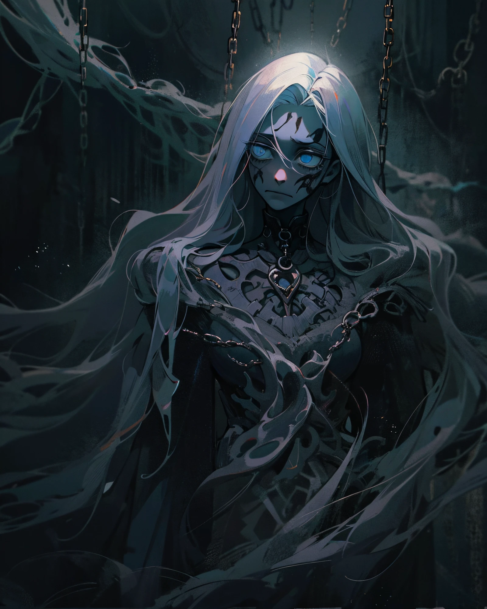 Generate an image of a close up a creature with a spectral and ghostly appearance. Her skin is pale, almost translucent. His eyes shine with a bluish glow, and he wears dark, torn clothes that float around him, as if permeated by an aura of mourning. Its appearance is complemented by details such as chains, symbols of mourning, and gothic elements, further emphasizing its dark air. It is portrayed as a haunted and tormented entity.