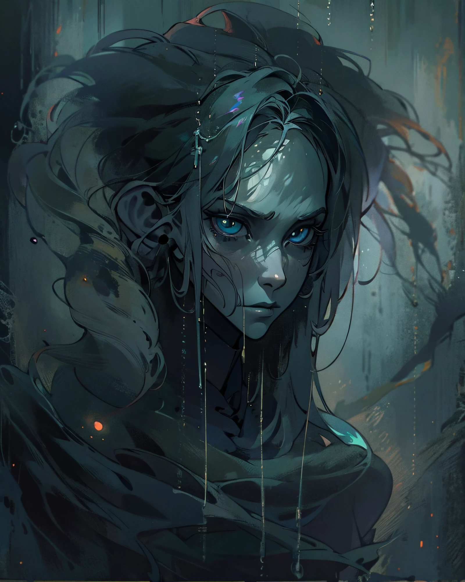 Generate an image of a close up a creature with a spectral and ghostly appearance. Her skin is pale, almost translucent. His eyes shine with a bluish glow, and he wears dark, torn clothes that float around him, as if permeated by an aura of mourning. Its appearance is complemented by details such as chains, symbols of mourning, and gothic elements, further emphasizing its dark air. It is portrayed as a haunted and tormented entity.