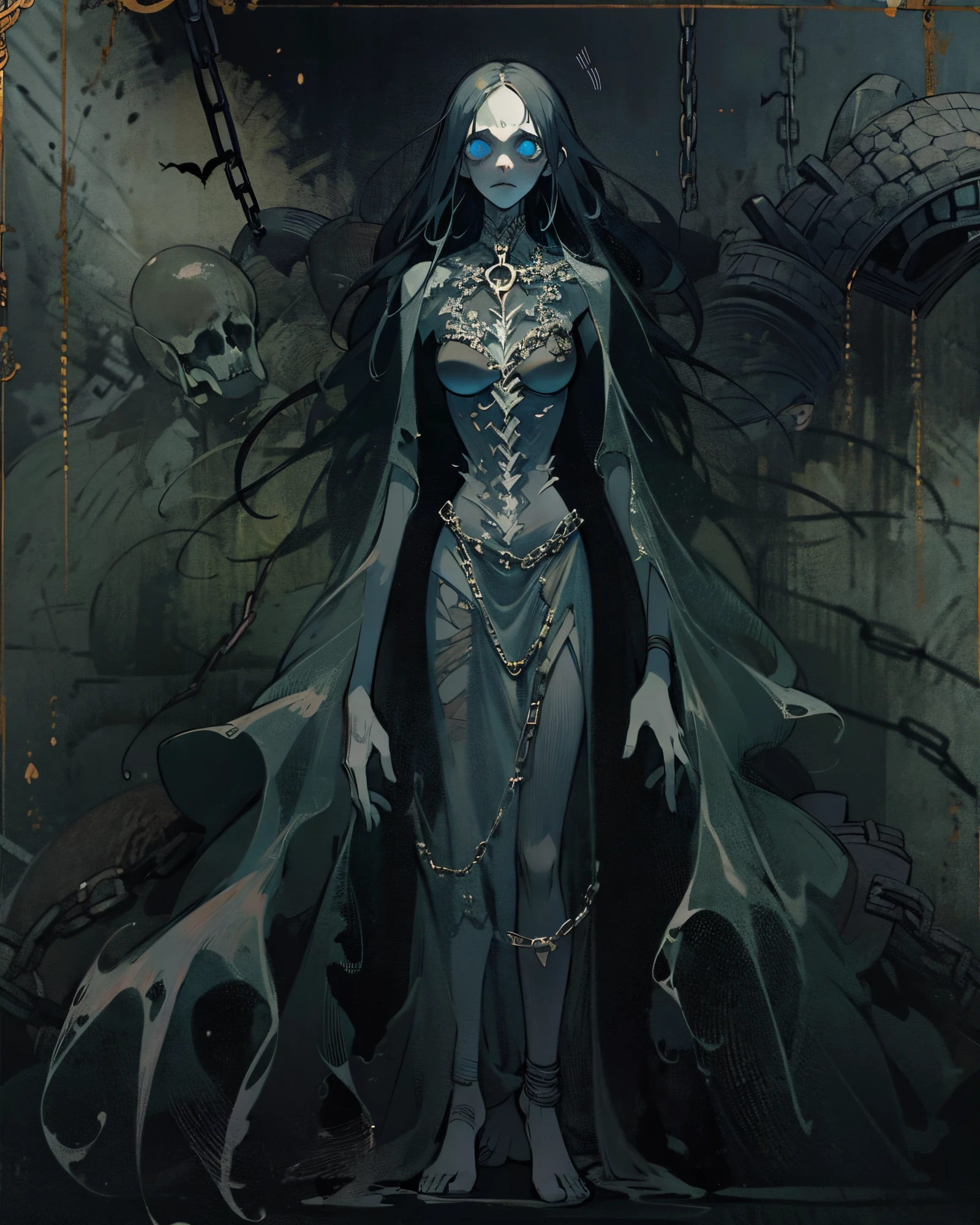 Generate an image of a creature with a spectral and ghostly appearance. Her skin is pale, almost translucent. His eyes shine with a bluish glow, and he wears dark, torn clothes that float around him, as if permeated by an aura of mourning. Its appearance is complemented by details such as chains, symbols of mourning, and gothic elements, further emphasizing its dark air. It is portrayed as a haunted and tormented entity.full body