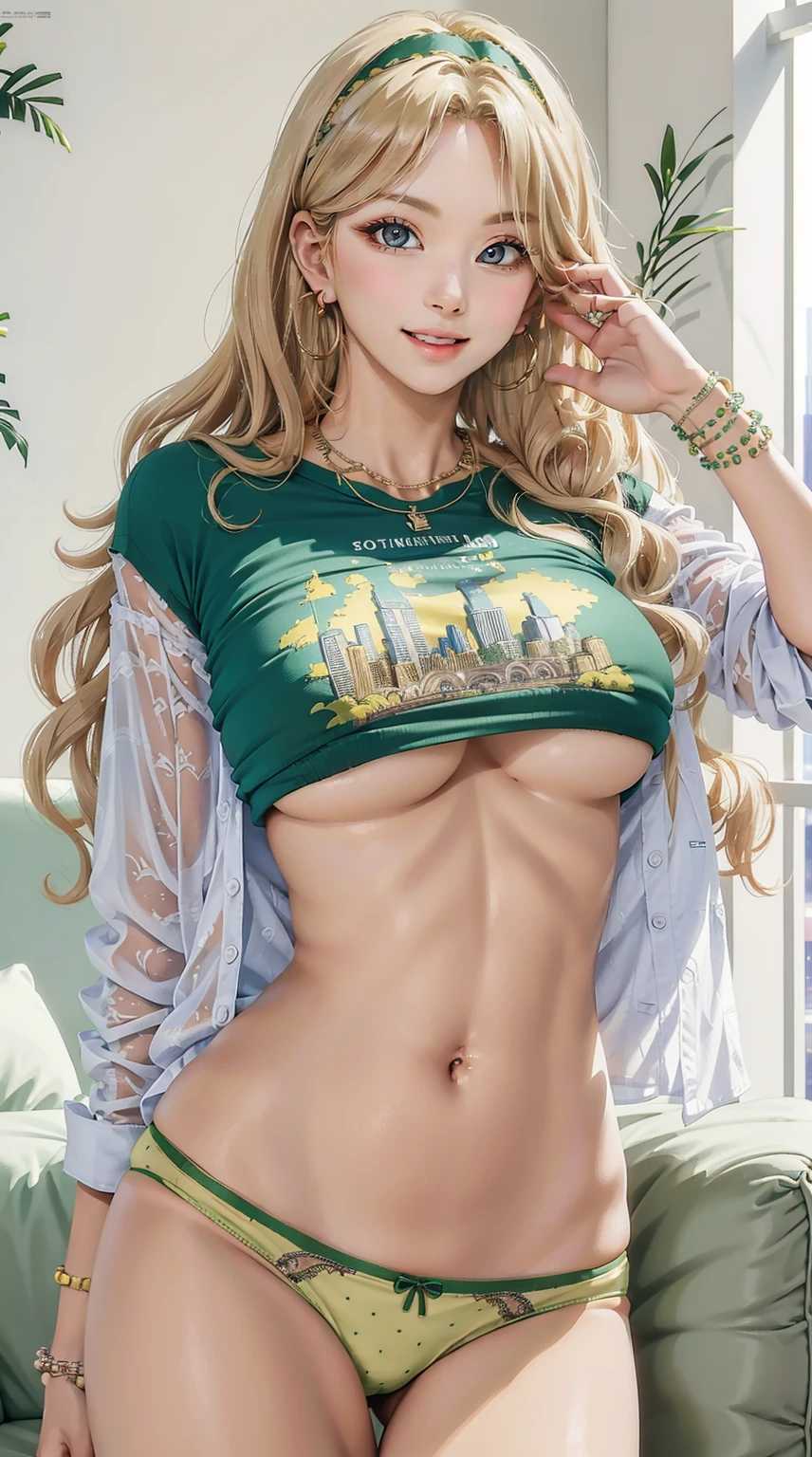 (masterpiece, best quality, ultra-detailed, 8k wallpaper, photorealistic), 1 girl, upper body shot, curvaceous but slender body, (printed cropped shirt, green yellow, cute panties), wavy hair, hairband, bracelets, necklace, contrapposto, luxury penthouse living room with elaborate details, (city skyline, late evening)