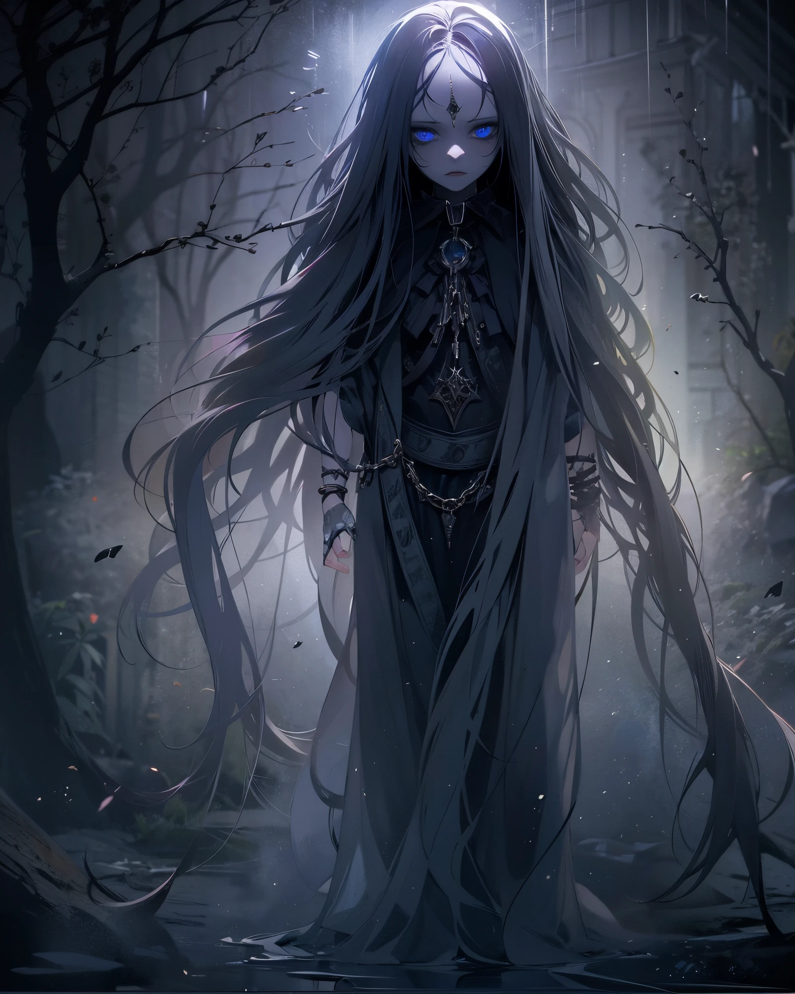 Generate an image of a creature with a spectral and ghostly appearance. Her skin is pale, almost translucent. His eyes shine with a bluish glow, and he wears dark, torn clothes that float around him, as if permeated by an aura of mourning. Its appearance is complemented by details such as chains, symbols of mourning, and gothic elements, further emphasizing its dark air. It is portrayed as a haunted and tormented entity.full body