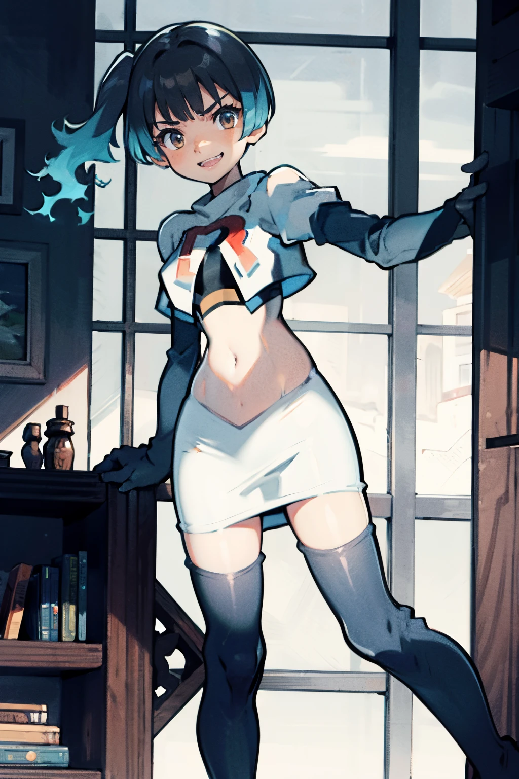 sena \(xenoblade\), 1girl,team rocket,team rocket uniform,white skirt,crop top, red letter R, black thigh-highs,black elbow gloves,evil smile