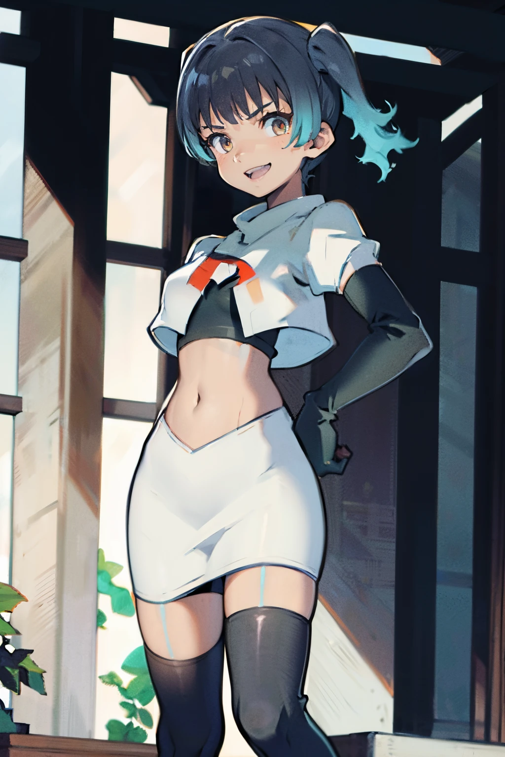 sena \(xenoblade\), 1girl,team rocket,team rocket uniform,white skirt,crop top, red letter R, black thigh-highs,black elbow gloves,evil smile
