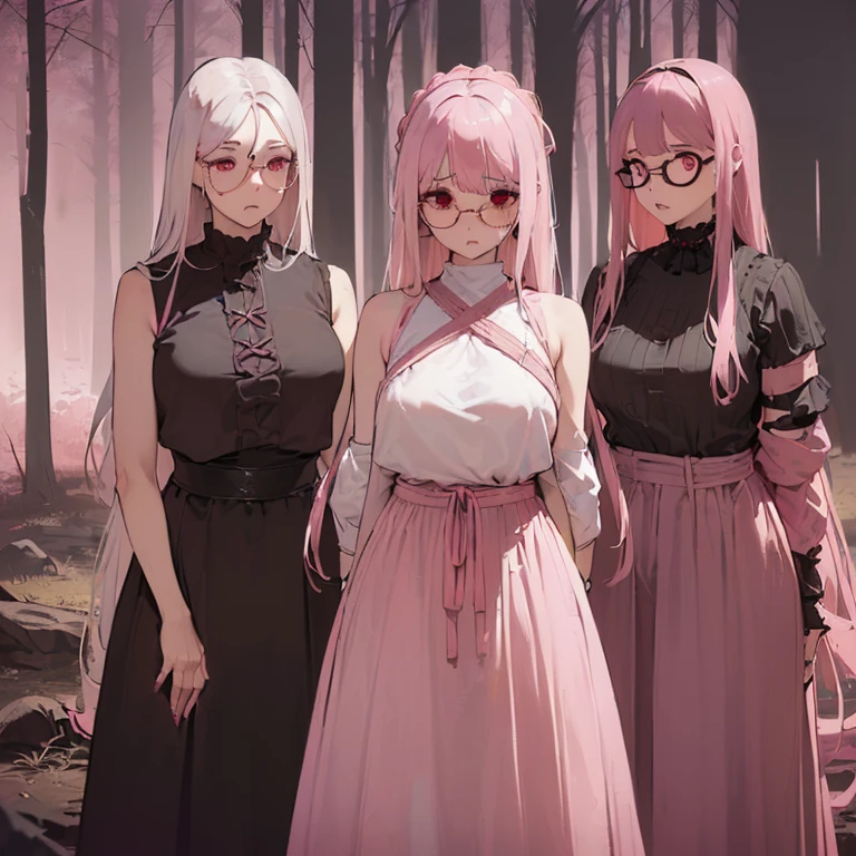 ((woman, bare breasts, brown maxi skirt with a rope like lace, shaved maxi skirt, small breasts, ((very long white hair with shags, red eyes, ((with round glasses with pink lenses)), hopeless face) ),((standing, 1 arm behind back)), in a haunted forest at night,