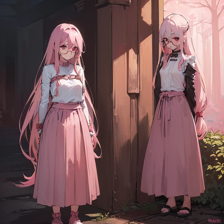 ((woman, bare breasts, brown maxi skirt with a rope like lace, shaved maxi skirt, small breasts, ((very long white hair with shags, red eyes, ((with round glasses with pink lenses)), hopeless face) ),((standing, 1 arm behind back)), in a haunted forest at night,