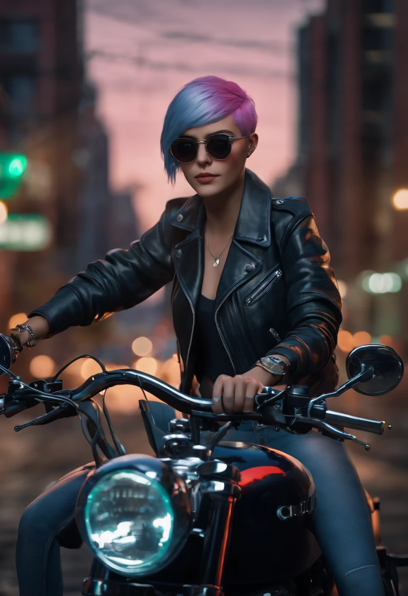 Chloe posing on the back of a motorcycle, wearing a leather jacket and sunglasses, with the city lights behind her,Life is Strange video game series,Chloe is a tall white age girl, with very short blue hair with pink roots, green eyes, punk aesthetic