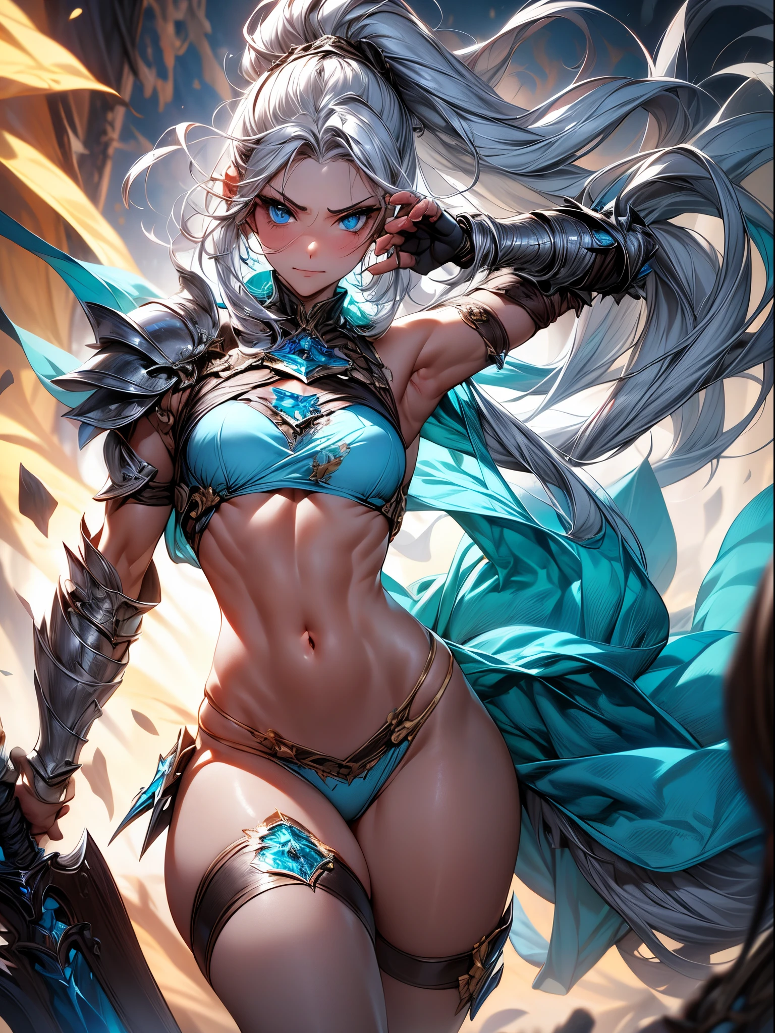 Absurdres ,1 girl,Serious,Silver hair,Wolf ears,Blue eyes,Bikini Armor,spear,Abs,silver gauntlet ,leather waist seath,BREAK,fighting Pose,Dynamic Angle,dynamic lighting,wilderness,fantasy,BREAK,best quality,insanely detailed,Hyper realistic, Perfect Anatomy,perfect 5 fingers,amazing,super fine illustration