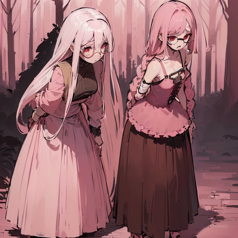 ((woman, bare breasts, brown maxi skirt with a rope like lace, shaved maxi skirt, small breasts, ((very long white hair with shags, red eyes, ((with round glasses with pink lenses)), hopeless face) ),((standing, 1 arm behind back)), in a haunted forest at night,