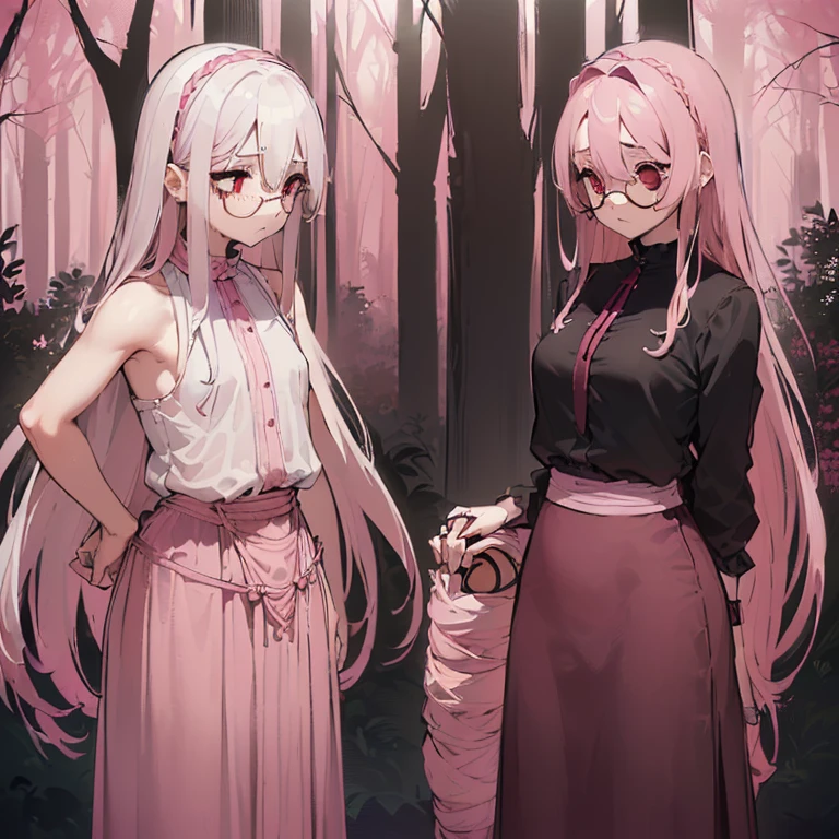 ((woman, bare breasts, brown maxi skirt with a rope like lace, shaved maxi skirt, small breasts, ((very long white hair, red eyes, hopeless face)),((standing, 1 arm behind the back) ), in a haunted forest at night,