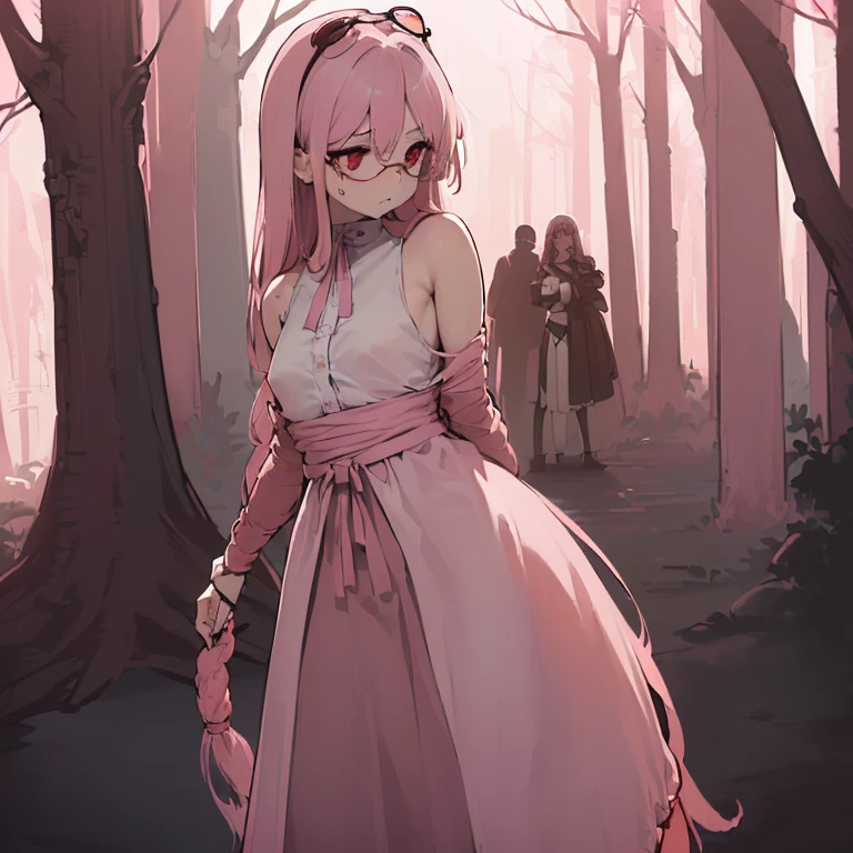 ((woman, bare breasts, brown maxi skirt with a rope like lace, shaved maxi skirt, small breasts, ((very long white hair with shags, red eyes, ((with round glasses with pink lenses)), hopeless face) ),((standing, 1 arm behind back)), in a haunted forest at night,