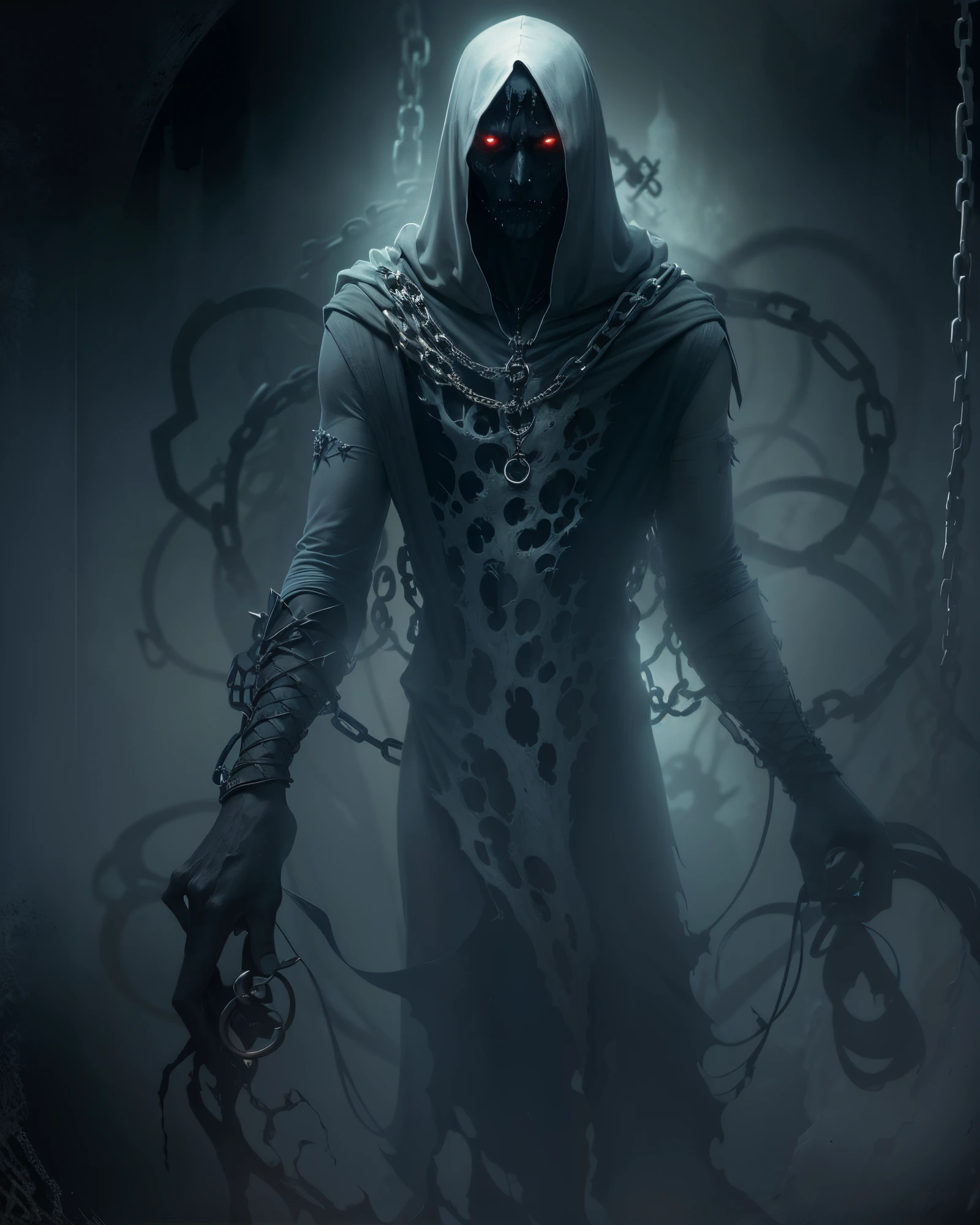 Generate an image of a creature with a spectral and ghostly appearance. Her skin is pale, almost translucent. His eyes shine with a bluish glow, and he wears dark, torn clothes that float around him, as if permeated by an aura of mourning. Its appearance is complemented by details such as chains, symbols of mourning, and gothic elements, further emphasizing its dark air. It is portrayed as a haunted and tormented entity.full body