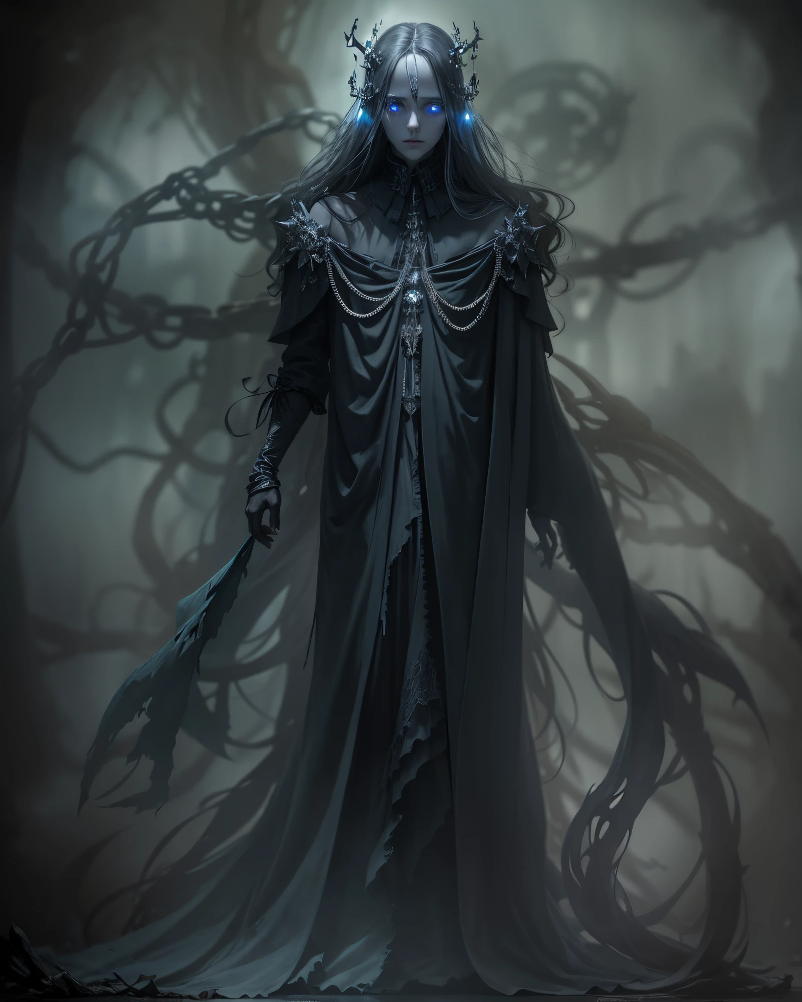 Generate an image of a creature with a spectral and ghostly appearance. Her skin is pale, almost translucent. His eyes shine with a bluish glow, and he wears dark, torn clothes that float around him, as if permeated by an aura of mourning. Its appearance is complemented by details such as chains, symbols of mourning, and gothic elements, further emphasizing its dark air. It is portrayed as a haunted and tormented entity.full body
