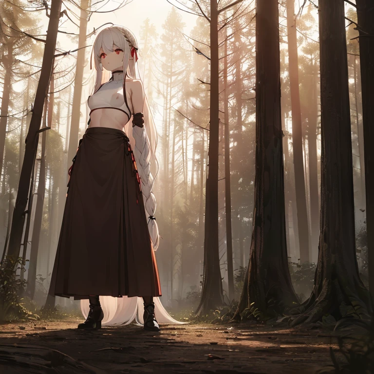 ((woman, bare breasts, brown maxi skirt with a rope like lace, shaved maxi skirt, small breasts, ((very long white hair with shags, red eyes, hopeless face)),((standing, 1 arm behind back)), in a haunted forest at night,