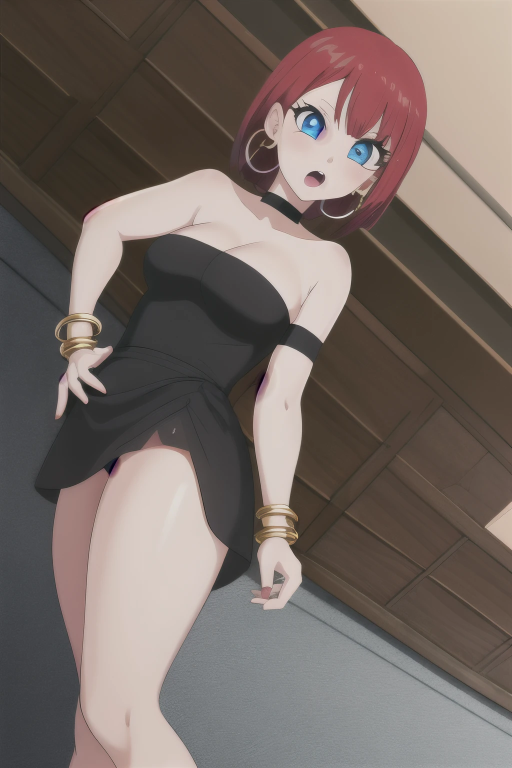 akiratoriyama art style, blue eyes, open mouth, cloud, 1girl, red hair, short red hair, medium hair, bob hair, black eyes, little black dress, strapless dress, short bodycon dress, skin-tight dress, choker, gold hoop earrings, gold bracelet, hotel background
