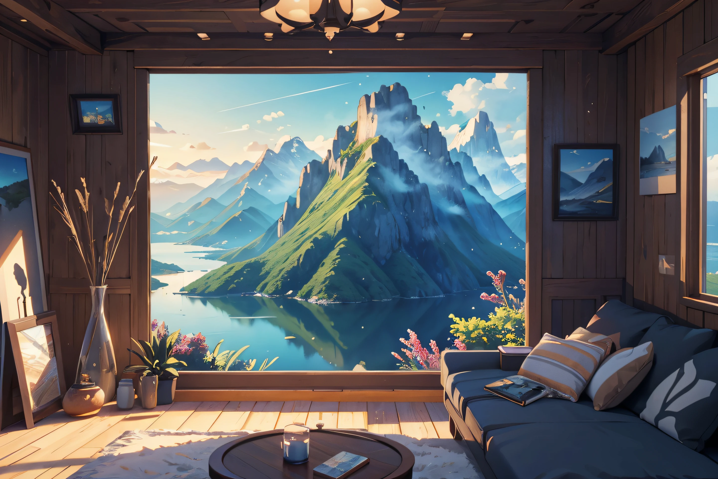 (illustrations : 1.0), Epic composition, photorealistic lighting, HD detail, masterpiece, Best quality at best, (Highly detailed CG integrated 8k wallpaper) , Land seen from within the sea, Mountain visible only as a silhouette