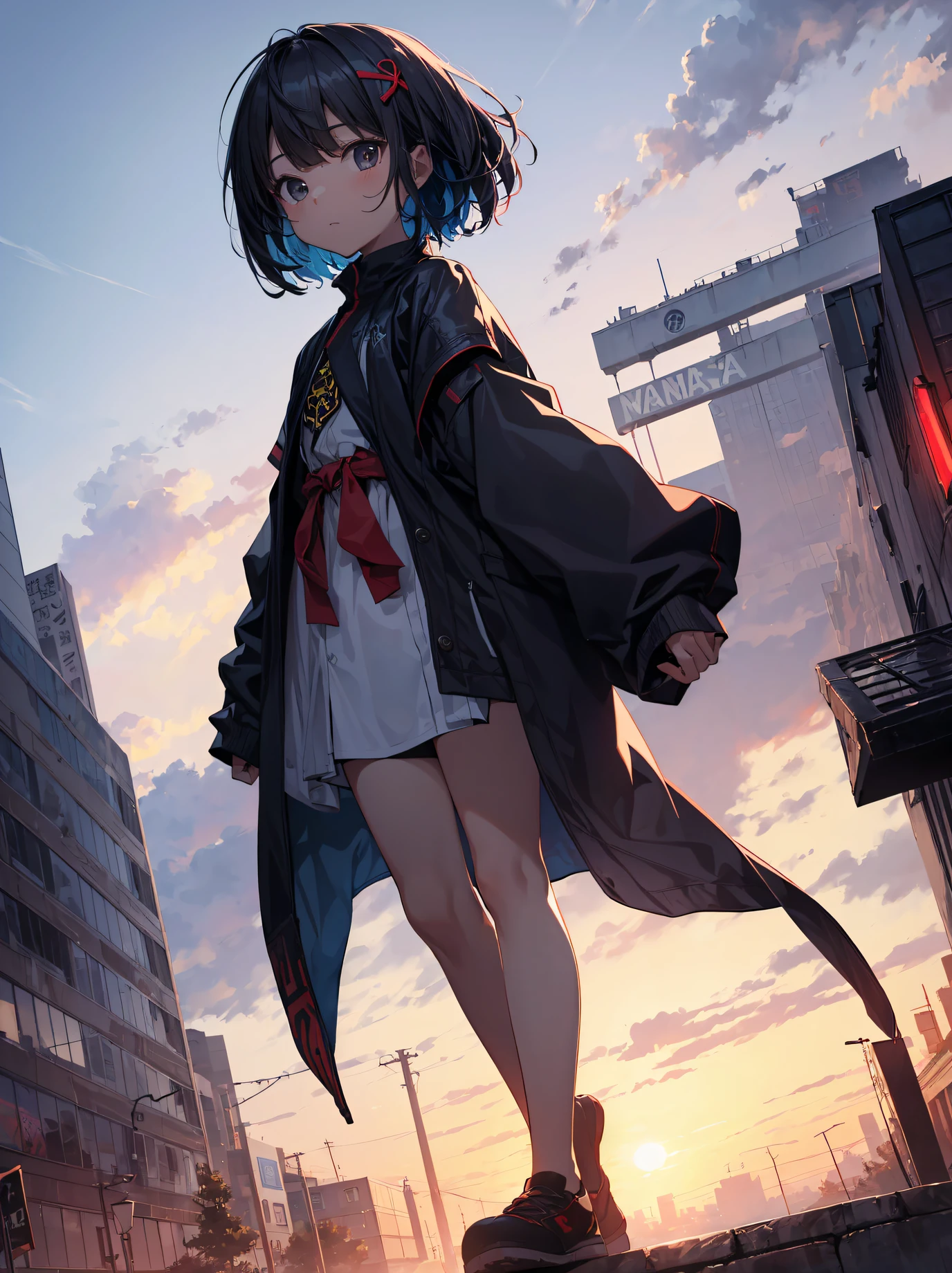 Ninjas are... cool and... fast.！God quality,  anime moe artstyle,best anime 8k konachan wallpaper,badass anime 8k,perfect anatomy, (Please draw a picture of a ninja girl looking down on the city from the rooftop.)from diagonally above,dutch angle,break, 1girl is ninja, (Solo,Loli,child,13-year-old:1.3), androgynous charm, (Very Short hair), blunt bangs, Full limbs, complete fingers,flat chest, Small butt, groin, Small eyes,finely 8k detailed beautiful black eyes, stand on the skyscraper rooftop. break,Sasasasa...。ultra-detailed,high resolution,super detailed skin, professional lighting, (cool  illustration:1.2),