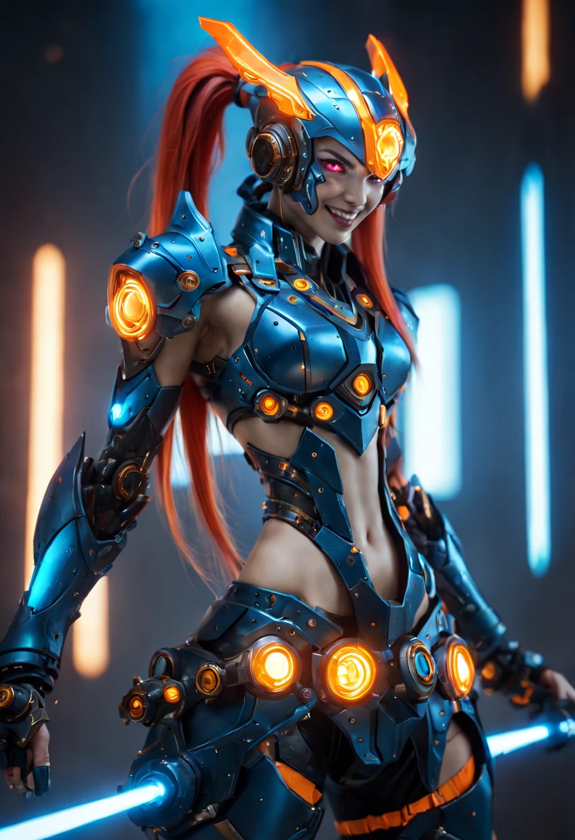Supermodel in haute couture clothing, orange neon fur and blue transparent polyethylene, Clothing model, in full height, Neo-Futurism style, ultradetail, The texture of the fabric, studio lightning, Professional photo, tmasterpiece, Elegantly, Professional photo, Clothing concept