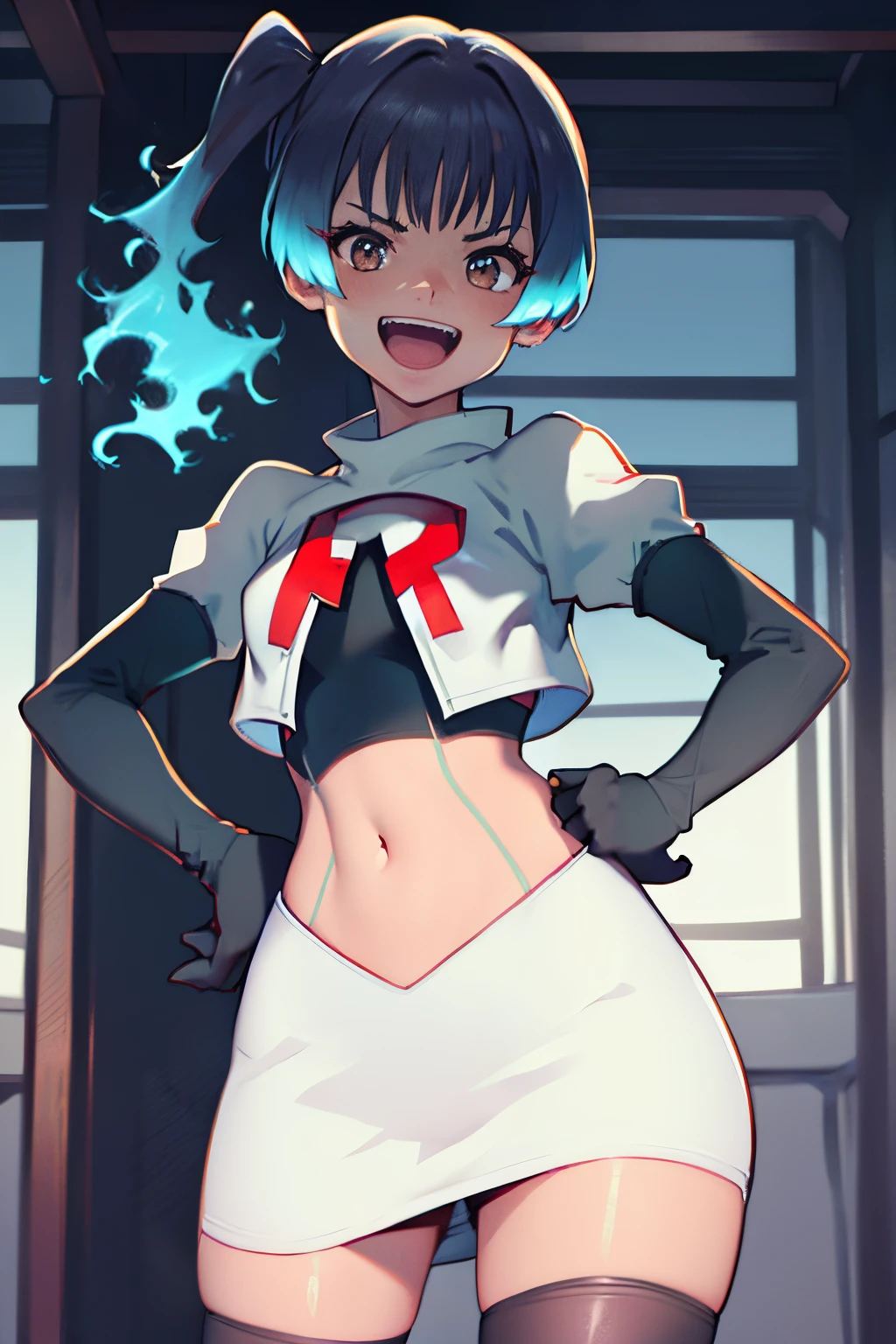 sena \(xenoblade\), glossy lips ,team rocket,team rocket uniform, red letter R, white skirt,white crop top,black thigh-high boots, black elbow gloves , looking at viewer, evil smile, salute
