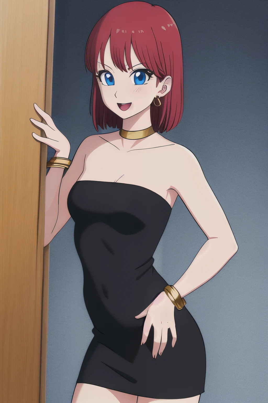 akiratoriyama art style, blue eyes, open mouth, smile, 1 girl, red hair, short red hair, medium hair, bob hair, black eyes, medium breasts, little black dress, strapless dress, short bodycon dress, skin-tight dress, choker, gold hoop earrings, gold bracelet, hotel background