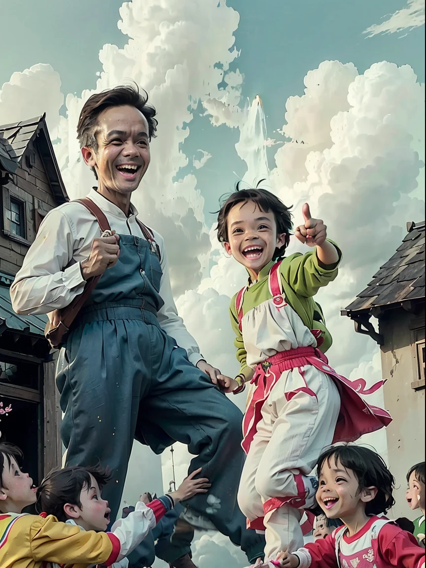 (best quality,4k,8k,highres,masterpiece:1.2),ultra-detailed,(realistic,photorealistic,photo-realistic:1.37),colorful, bright lighting, enchanting atmosphere, Man with the face of Ganjar Pramono and a group of children,excited expressions, amazement,surprised,joyful,pointing fingers,open-mouthed,big sparkling eyes,magic,unbelievable,gleaming rainbow,floating in the sky,twinkling colors, vibrant hues,puffy white clouds,golden sunshine,green grassy field,playful laughter,running and jumping,giggles and screams,curiosity spark,innocence and wonder,row of colorful houses,happy and carefree,youthful energy.