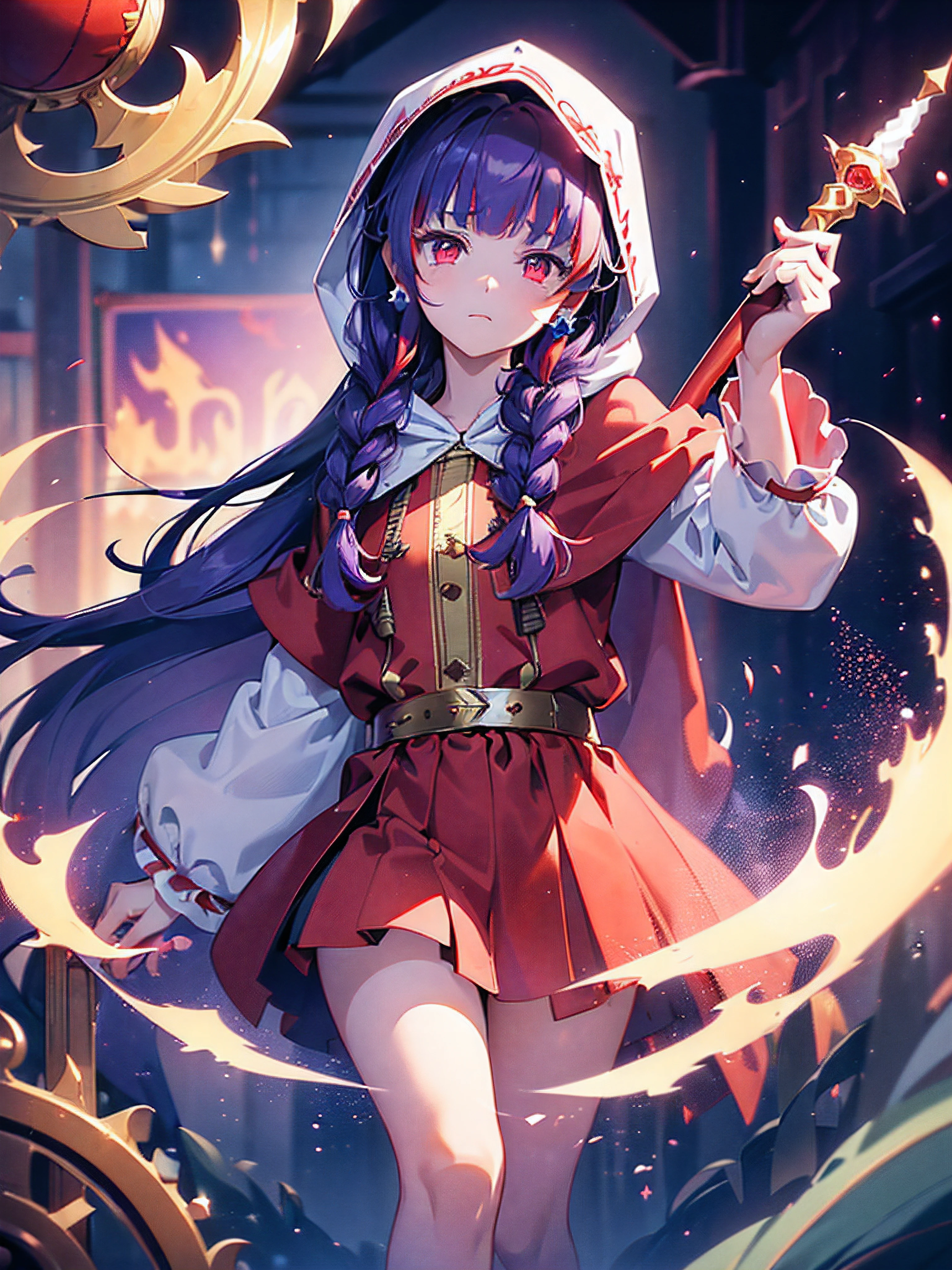 ((((Princess of Moonberg)))), ((1little girl)), 13years, ((drooing eyes)),(((deep purple hair))), ((Blunt bangs)), (Fluffy long hair), (twin braids), (Deep red eyes), Pearl earrings,
((((red hood)))), (Lotto emblem on the hood), (((Red Stall))),  ((White robe with red edging)),  
Holding a magic wand in her left hand, 
masutepiece, Best Quality, (the Extremely Detailed CG Unity 8K Wallpapers), (Best Quality), (Best Illustrations), (Best Shadows), (((Particle effect))), Isometric 3D, Octane Rendering, Ray tracing, super detailed