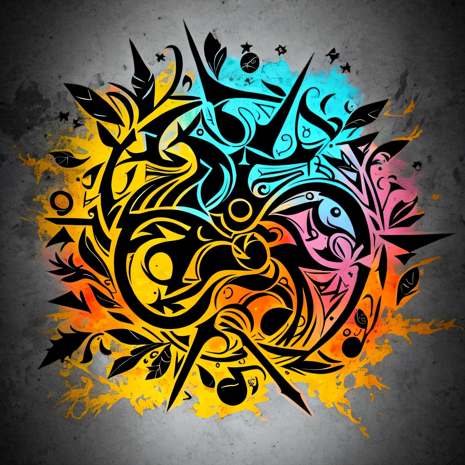 an illustration of Greek mythology symbols in graffiti style with strong colors on a black background