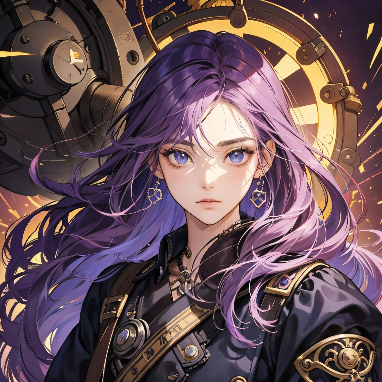 menina de pelo roxo, Olhos azuis, Illustrations, alta qualidade, ultra-detalhado, vivid colors, retrato, tons de cores quentes, soft lighting, long flowing purple hair, Mechanical Accessories, Contexto industrial, intense expression, steampunk