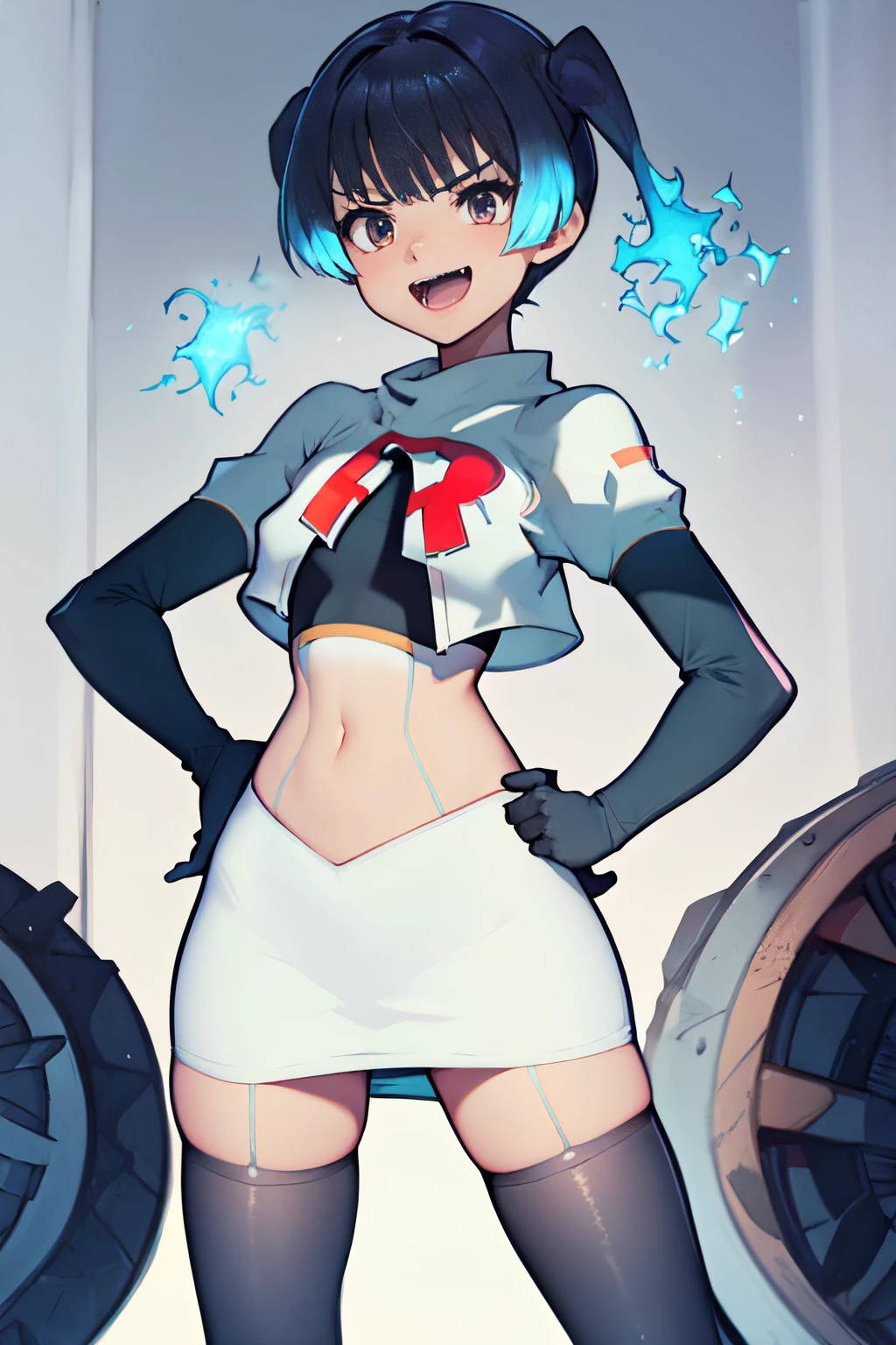 face of sena \(xenoblade\), 1girl,team rocket,team rocket uniform, red letter R, white skirt,white crop top,black thigh-highs,black elbow gloves,evil laugh , hands on hips