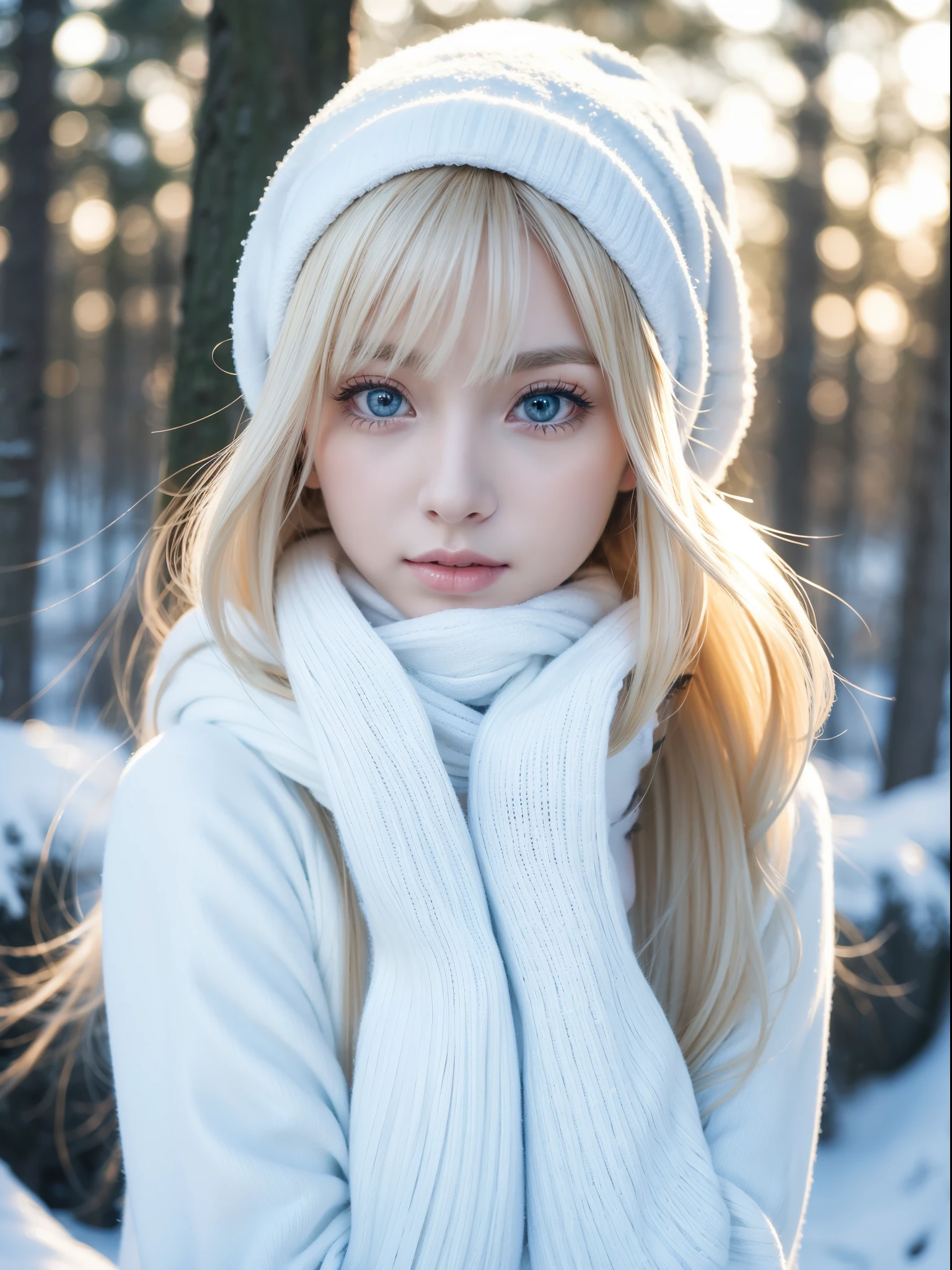 Solo, very beautiful nordic girl、shiny bright blonde hair, Beautiful super long straight dazzling blonde hair fluttering in the strong wind,Long bangs block the view、 Very large eyes are pale sky blue, Detailed face, White beautiful skin、cheek gloss highlight、mittens, White headscarf, Full body, snowy forest, Attractive areas, (nose blush, Heavy breathing:1.1), (broody:1.4)