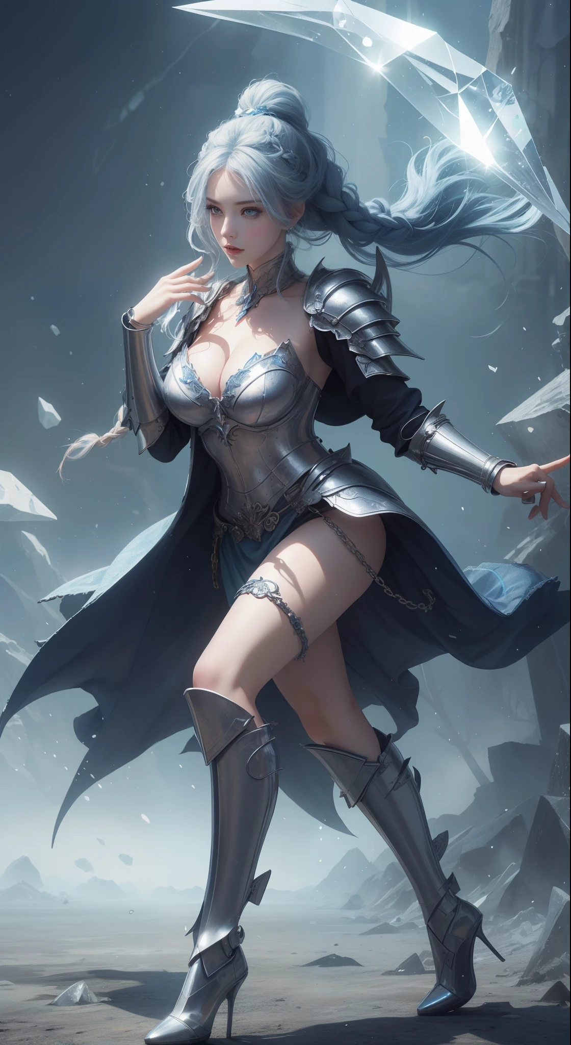 tmasterpiece，Highest image quality，，Beautiful female knight full body portrait，Exquisite blue braid hairstyle，Clear  eyes，The sword，armour，high heels boots，crystal，Ultra-detailed details，advanced。At the Pixiv Art Station，Break your own power，Luigi，Big breasts exposing cleavage，R-18G