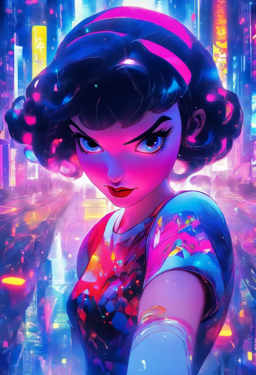 masterpiece, photo realistic techniques, ((photographic style)), full body, Disney Princess snow white as a futuristic cyberpunk girl, neon, vibrant colors. --ar 4:5 --v 5.2