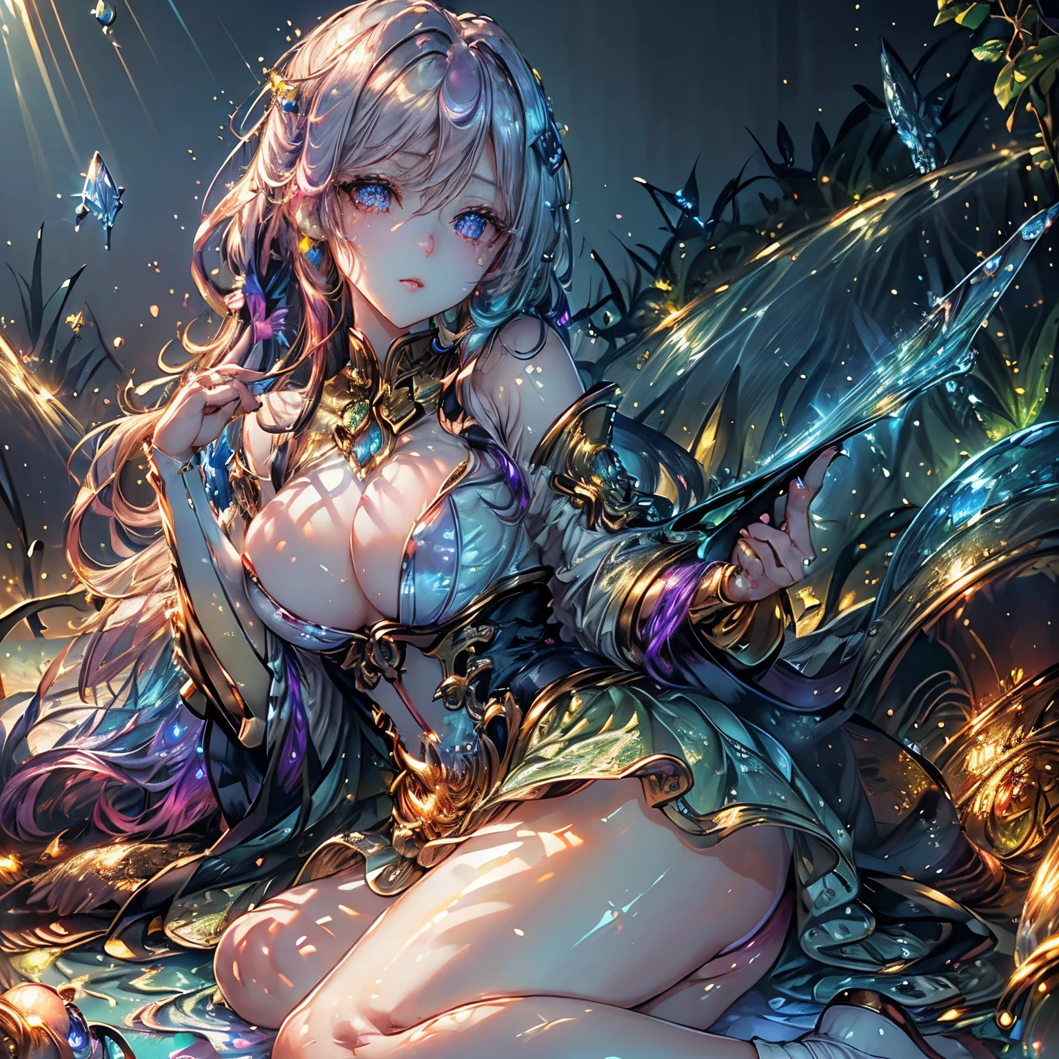 (Beautiful detailed eyes,Beautiful detailed lips,extremely detailed eye and face,longeyelashes,Cute girl in alchemy costume,Cute uniform,miniskirt laugh out loud,attractive girl,Best Quality,busty,masutepiece:1.2,stunning figure,Erotically cute,Ultra-high resolution,Gorgeous girl,Lovely girl,Multi-colored hair,Relaxation Socks,High resolution,gorgeous eyes,Perfect beauty) (masterpiece、top-quality、top-quality、watercolor paiting(Curly)、Official art、Beautifully Aesthetic:1.2)、(2girl with:1.3)、(Fractal Art:1.3)、The upper part of the body、From Side、looking at the viewers、patterns、(rainbow-colored hair、colourful hair、Half white and half pink hair:1.2)、((A detailed4This refers to、Thumb joint details))、Eau、gases、云、colourfull、Deep kissing、(I'm、violate、Detailed panties)