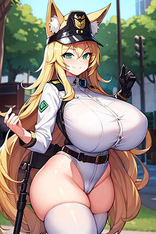 1girl, huge breasts, thick thighs, wide hips, blonde hair, long hair, fox ears, green eyes, fox tail, police, police hat, policewoman, white uniform, white clothes, smile, smirk, smug, leotard, belt,