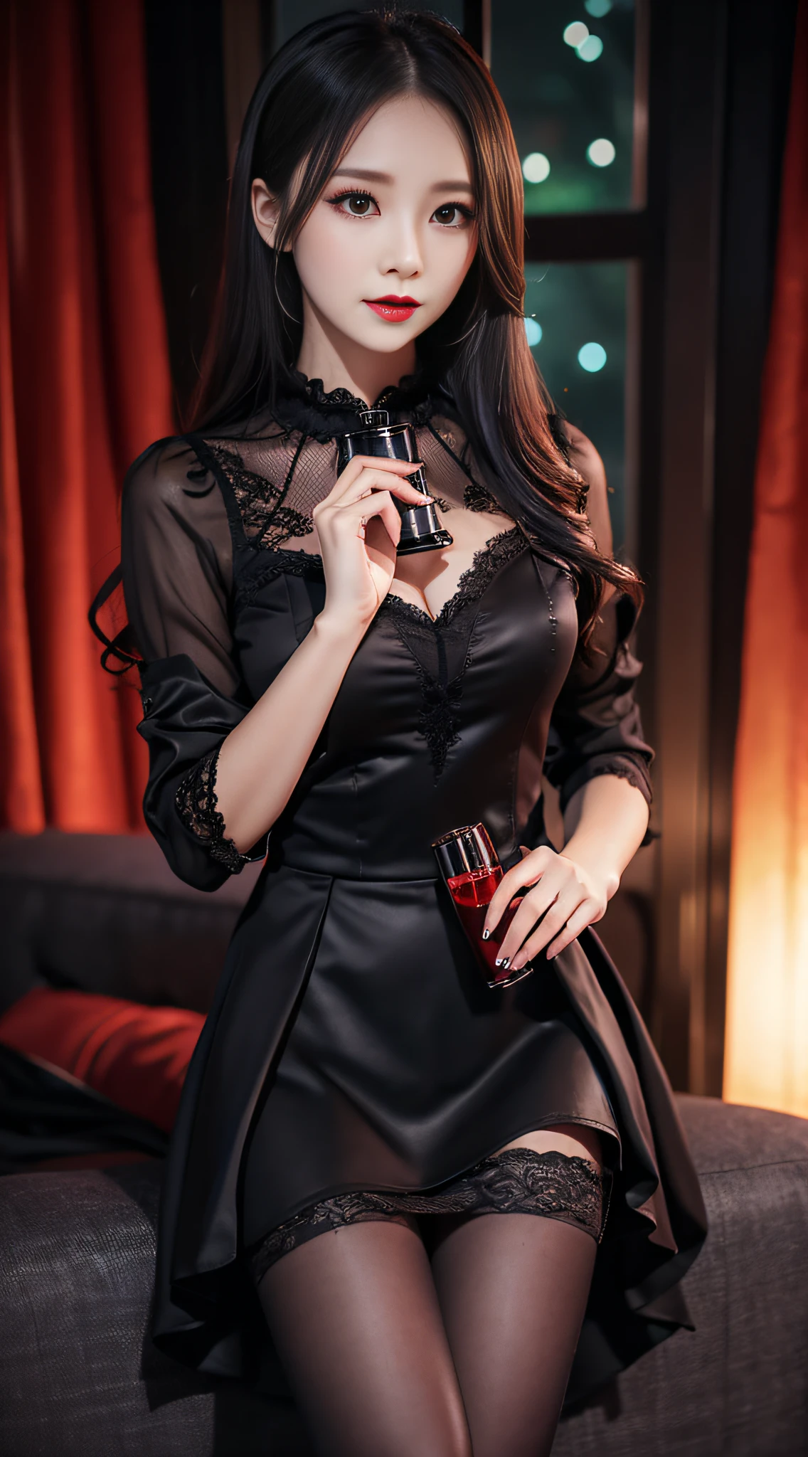 Charming beauties、hostess dresses、Evil Female Executive、pleatedskirt、Evil Fall、dark、brainwash、black pantyhose、lacy fabric、Glossy legs、dark lipstick、Dark manicure、Evil look、Suspicious look、darkened room、Night、wicked、Dick、Hold your dick、jingle、Male genitalia、Futanari、flask、liquids