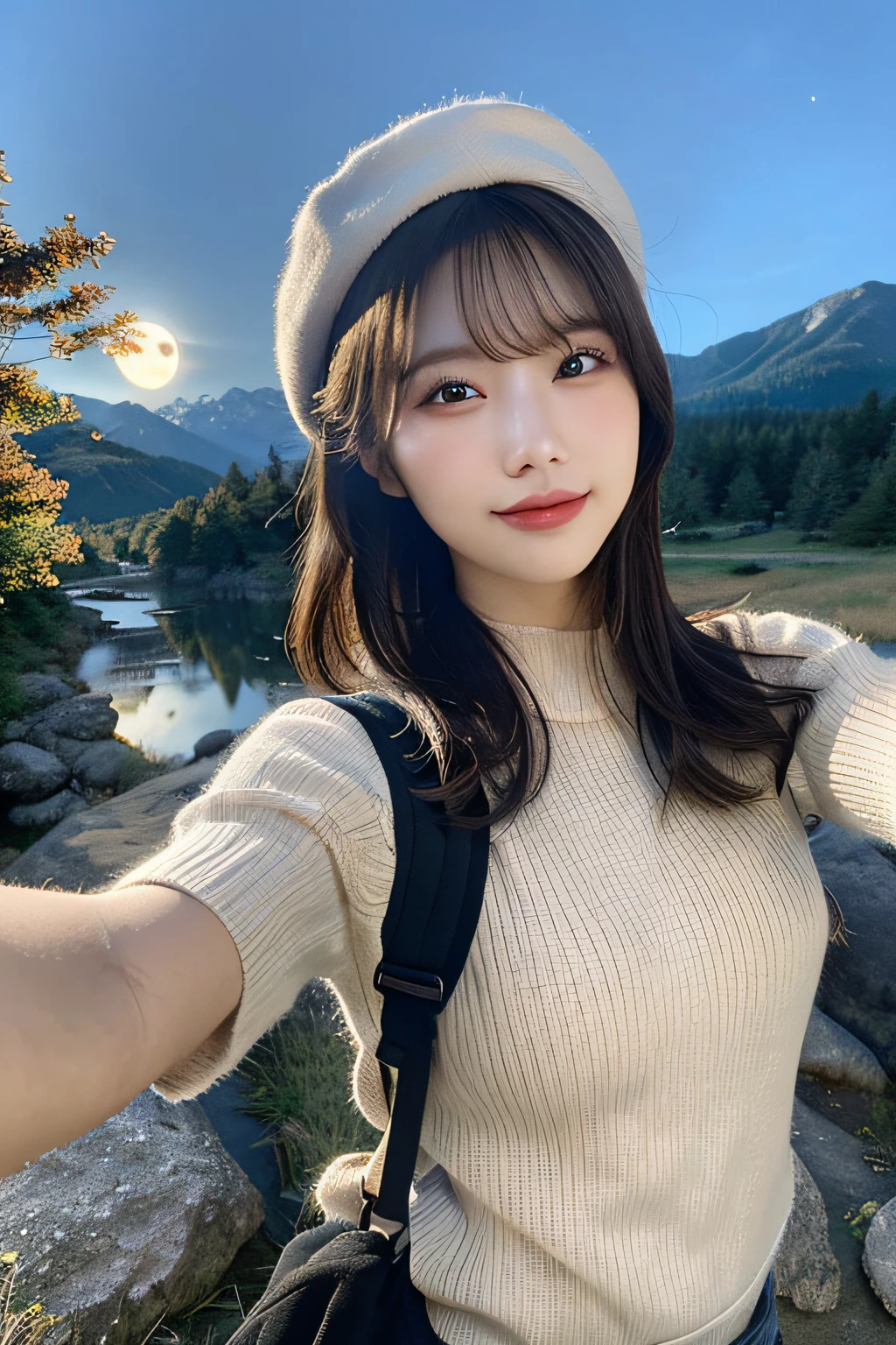 (top-quality, masterpiece:1.3, high resolution,), randome pose, (ultra-detailliert,Caustics),(Photorealsitic:1.4,RAW shooting,) Ultra-realistic capture,A highly detailed,High resolution 16K human skin closeup, Skin texture is natural, The skin looks healthy with an even tone, Use natural light and color, 1 girl, japanes, 23years old, kawaii, A dark-haired, Middle hair, smil, (depth of fields, chromatic abberation, Wide range of lighting, Natural Shading), ((upper body selfie)), masterpiece, best quality, ultra-detailed, solo, outdoors, (night), mountains, nature, (stars, moon) cheerful, happy, backpack, mountain boots, gloves, sweater, hat, flashlight, forest, rocks, river, wood, smoke, shadows, contrast, clear sky, analog style (look at viewer:1.2) (skin texture) (film grain:1.3), (warm hue, warm tone)