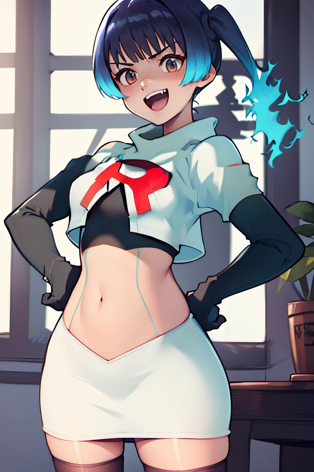 face of sena \(xenoblade\), 1girl,team rocket,team rocket uniform, red letter R, white skirt,white crop top,black thigh-highs,black elbow gloves,evil laugh , hands on hips
