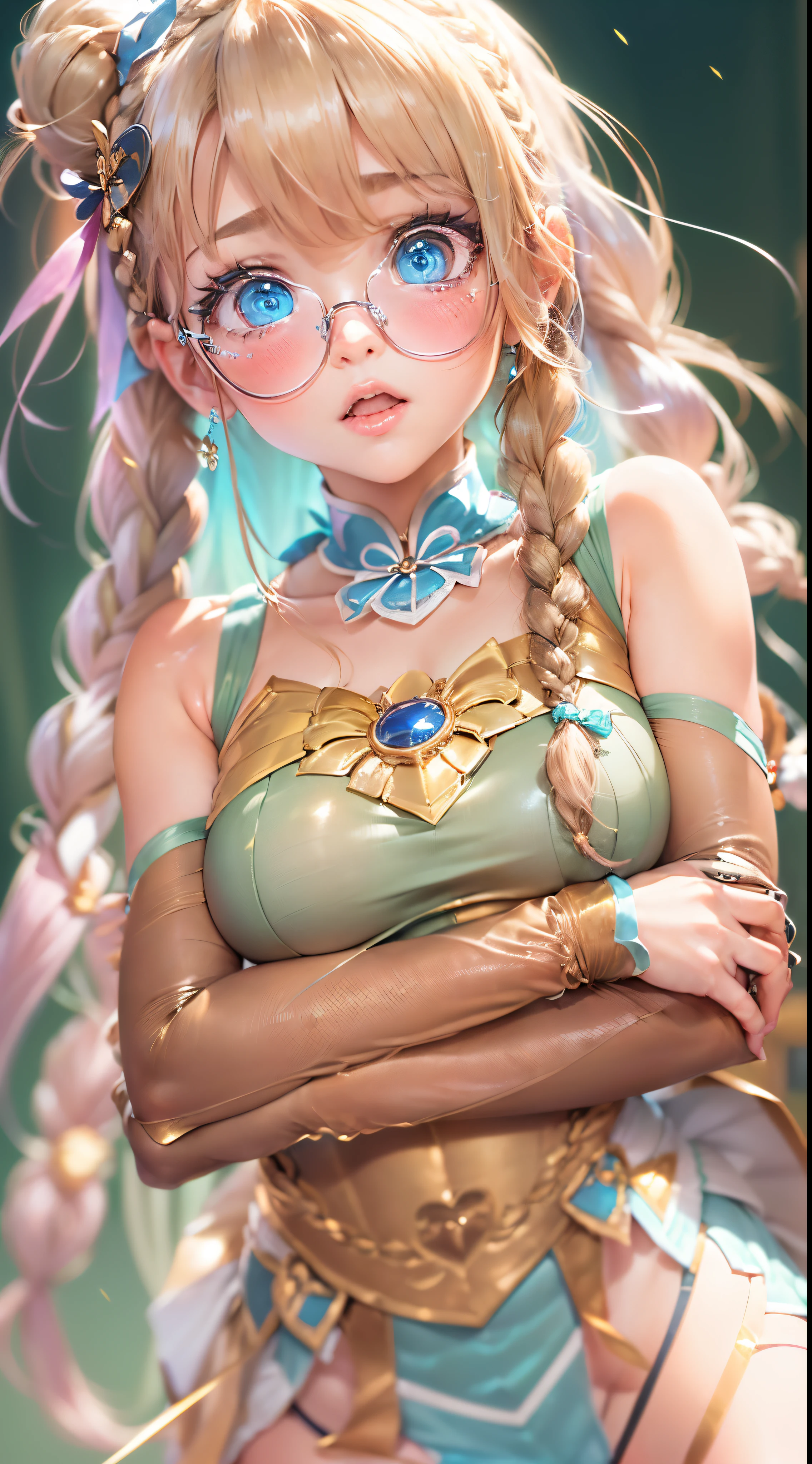 Zelda, blond hair, blue eyes, armpit, short dress, panties, Big legs, black and green dress, glasses.