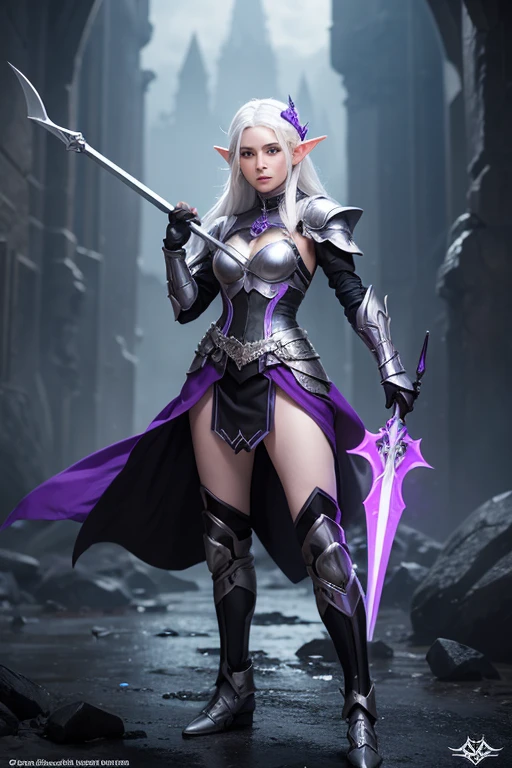An Elf female with white hair, purple eyes, wearing black full armor, full body pose, holding a spear in both hands
