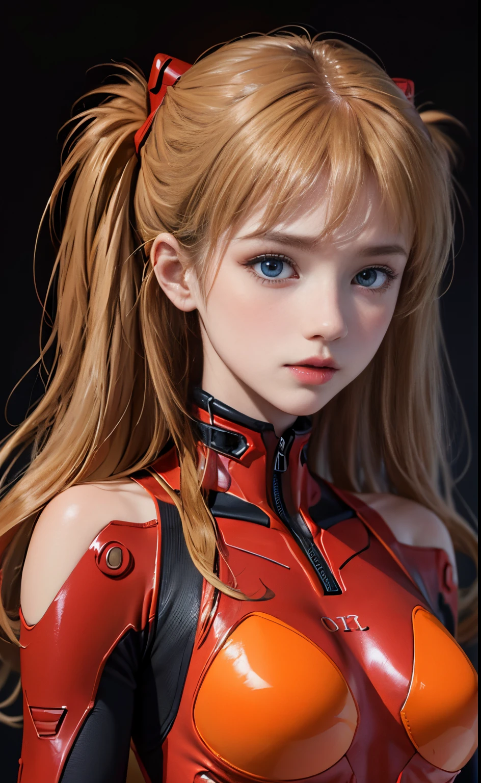 (​masterpiece:1.4、top-quality)、(intricate detailes)、Unity8k wallpapers、ultra-detailliert、Beautiful and mysterious、detailedbackground、realisitic、独奏、Perfectly detailed face、Detailed blue eyes、ighly detailed、red blush、hair adornments、Chignon mahogany hair、(blonde  hair)、Plug Suit 02,Shikinami Asuka Langley、evangerion、Looking at the camera、facing front、Cute *********** s、full body suits、black backgrounds、large boob