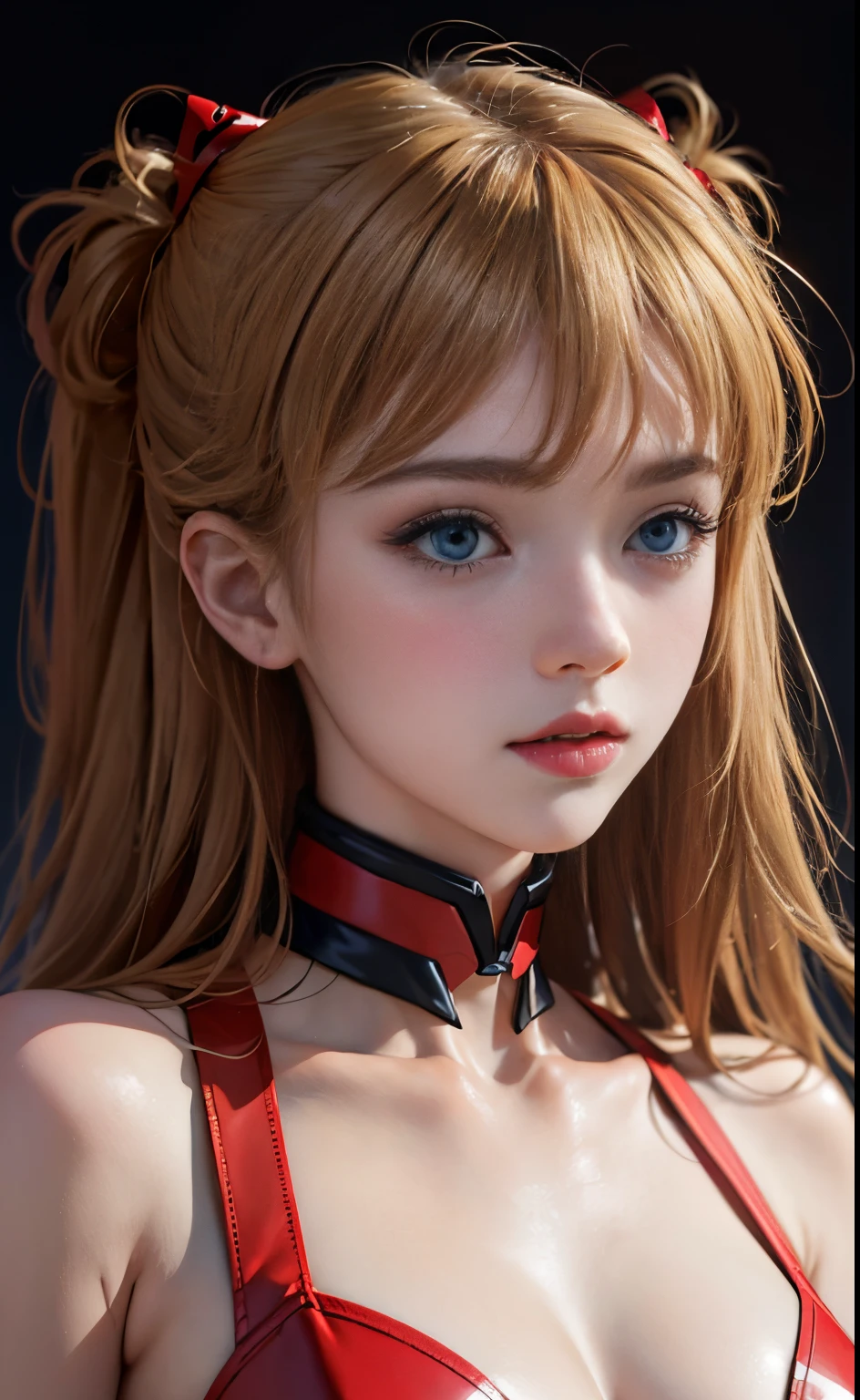 (masterpiece:1.4、top-quality)、(intricate detailes)、Unity8k wallpapers、ultra-detailliert、Beautiful and mysterious、detailedbackground、realisitic、独奏、Perfectly detailed face、Detailed blue eyes、ighly detailed、red blush、hair adornments、Chignon mahogany hair、(blonde hair)、Plug Suit 02,Shikinami Asuka Langley、evangerion、Looking at the camera、facing front、Cute little girl s、full body suits、black backgrounds、large boob