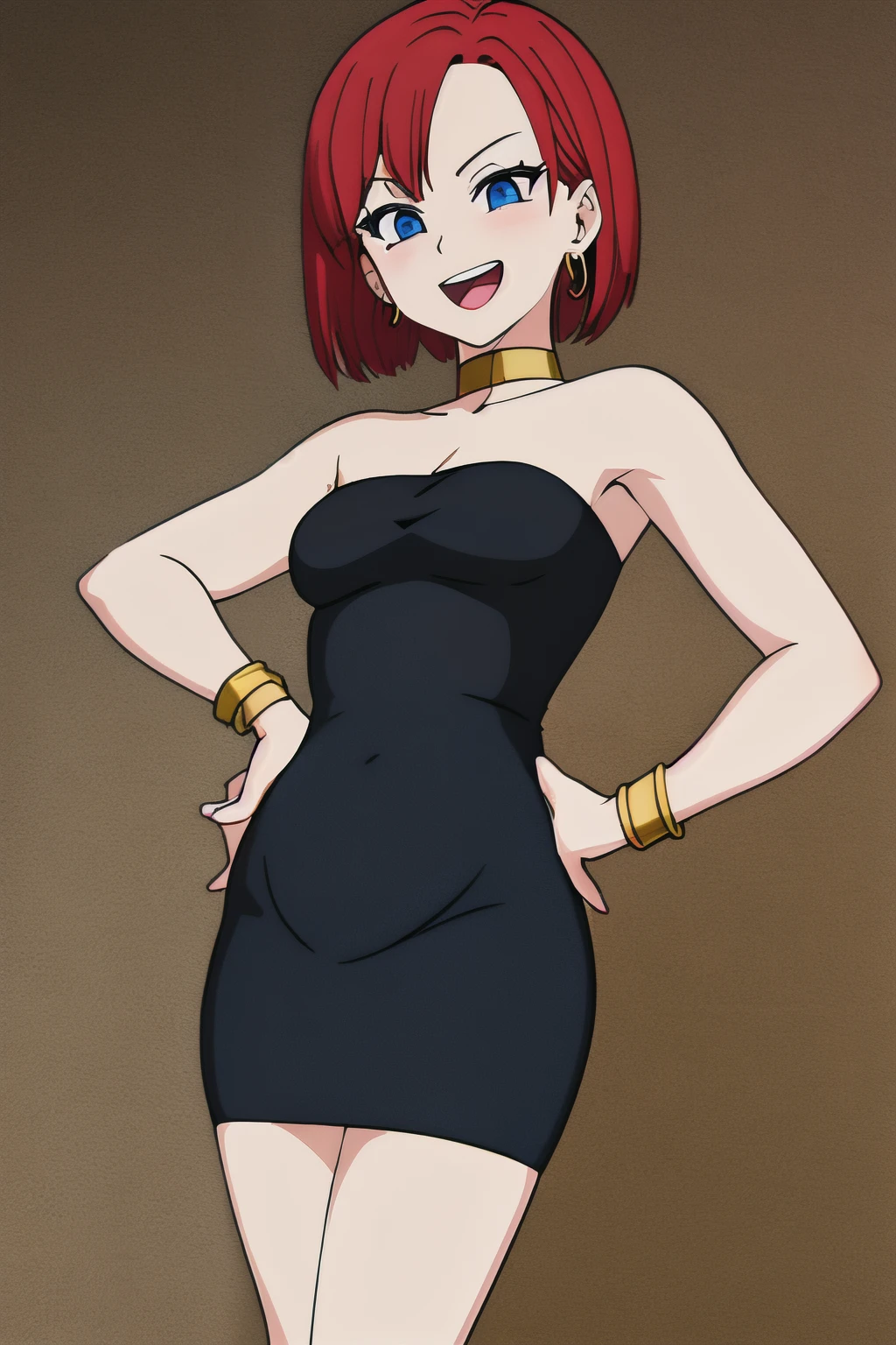 akiratoriyama art style, blue eyes, open mouth, smile, 1 girl, red hair, short red hair, medium hair, bob hair, black eyes, medium breasts, little black dress, strapless dress, short bodycon dress, skin-tight dress, choker, gold hoop earrings, gold bracelet, hands on the hips, hotel background